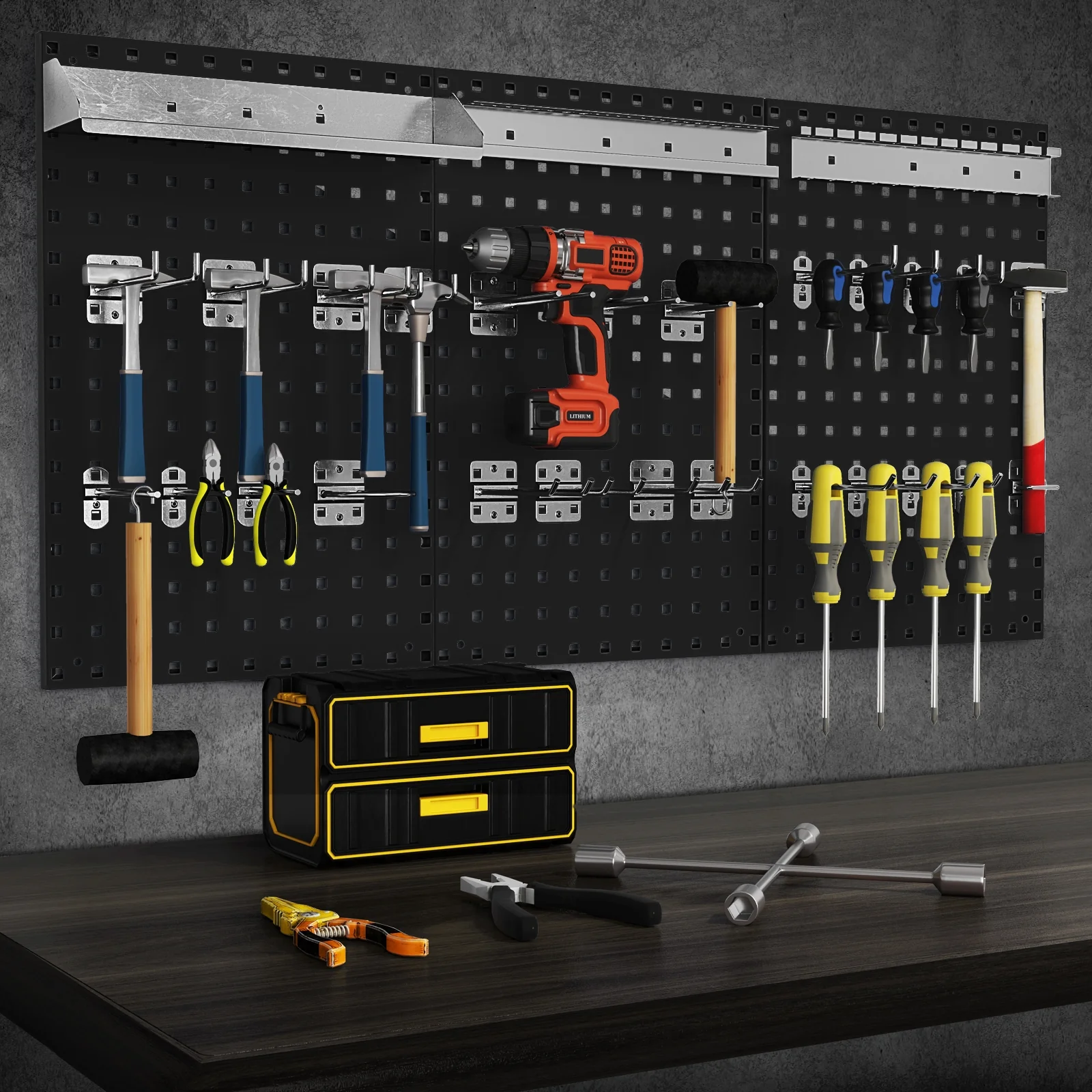 Wall Mounted Pegboard Kit, 3 Pegboards, Garage Workshop, Black - Image 3