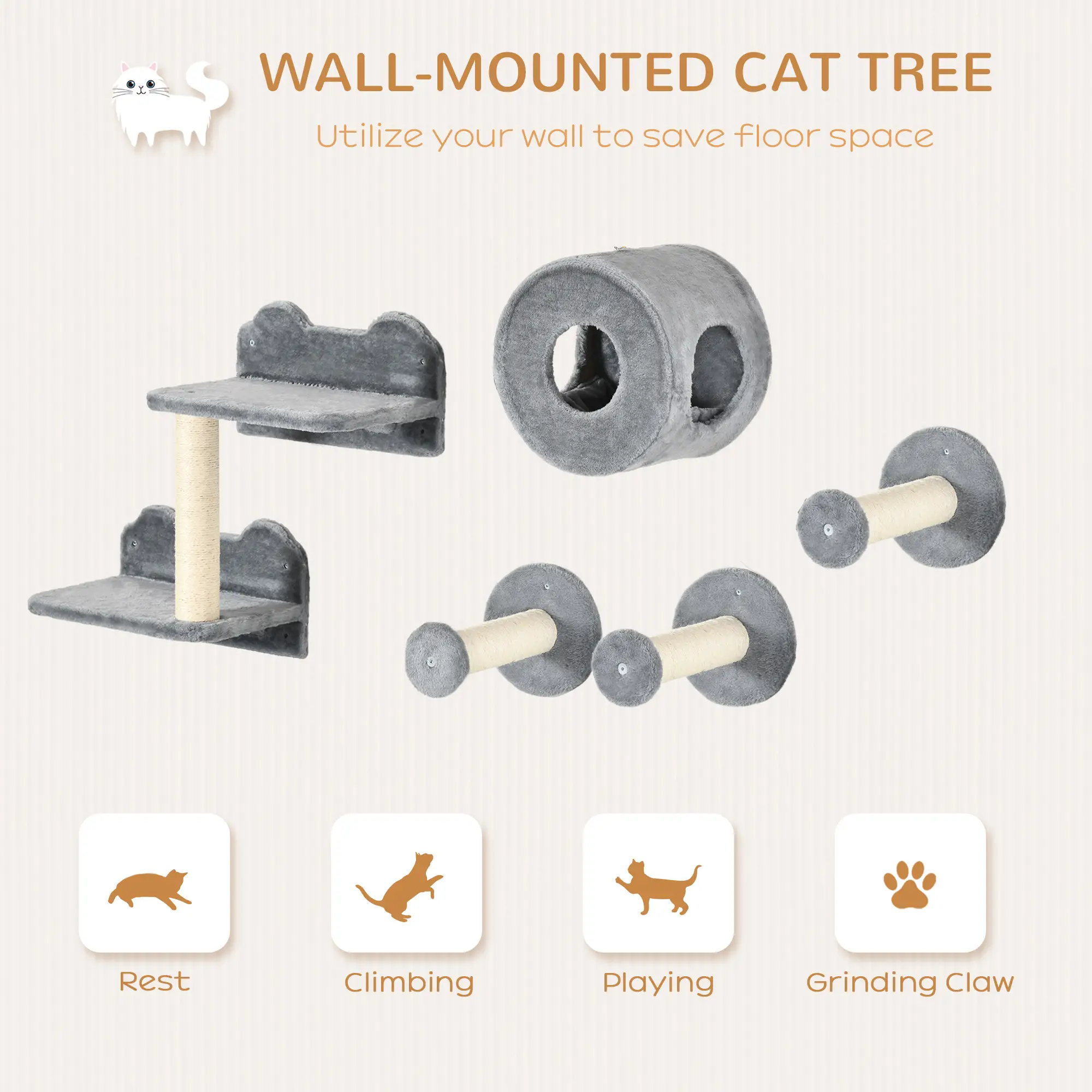 Wall-Mounted Pet Climbing Shelf Set, Grey - Image 4