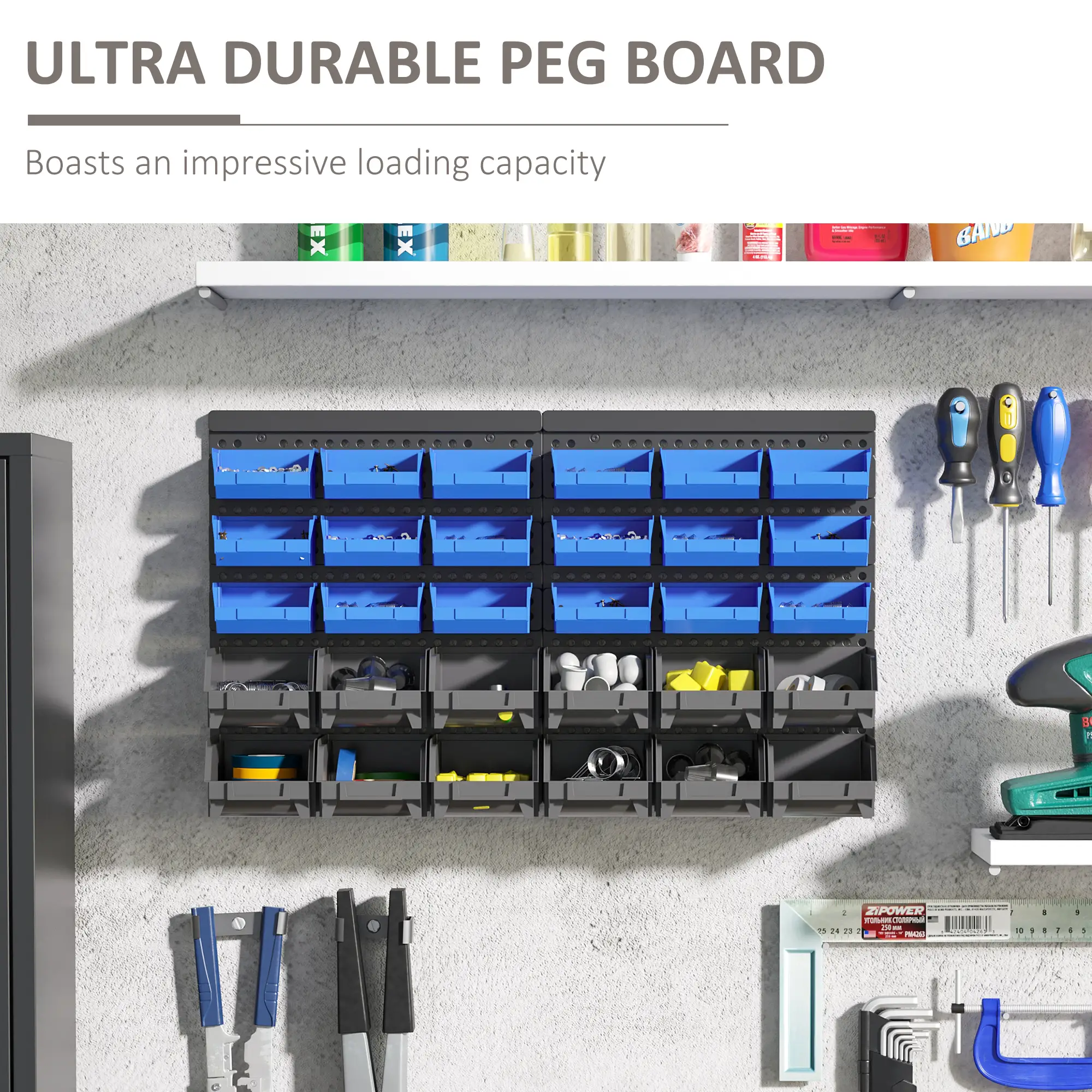 Wall Mounted Storage Bin Rack, 30 Bins, Pegboard, Garage Workshop, Blue - Image 4