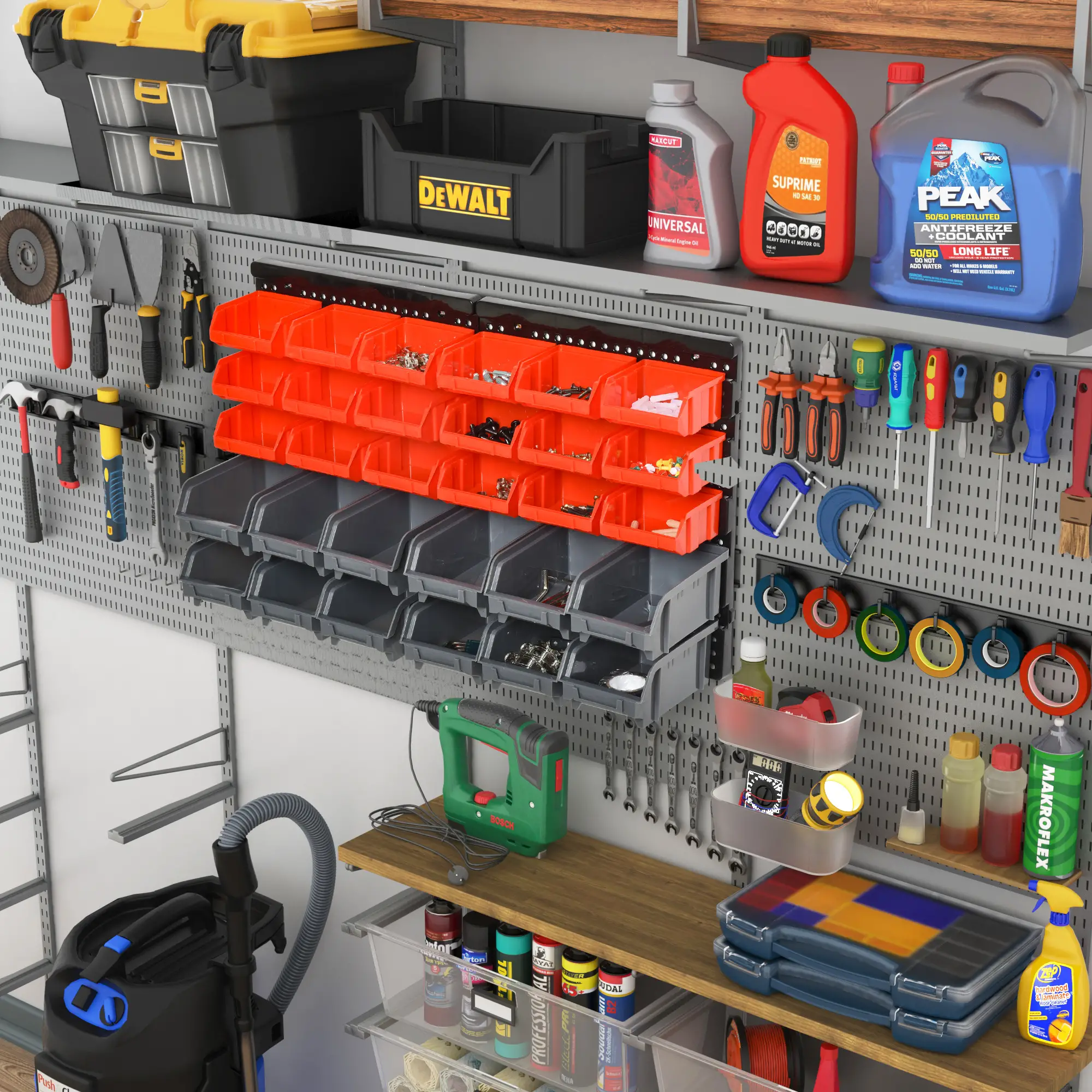Wall Mounted Storage Bin Rack, 30 Bins, Pegboard, Garage Workshop, Red - Image 4