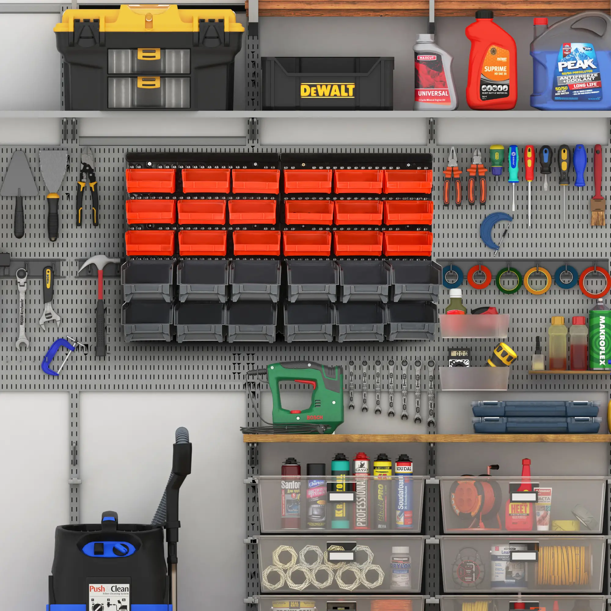 Wall Mounted Storage Bin Rack, 30 Bins, Pegboard, Garage Workshop, Red - Image 5