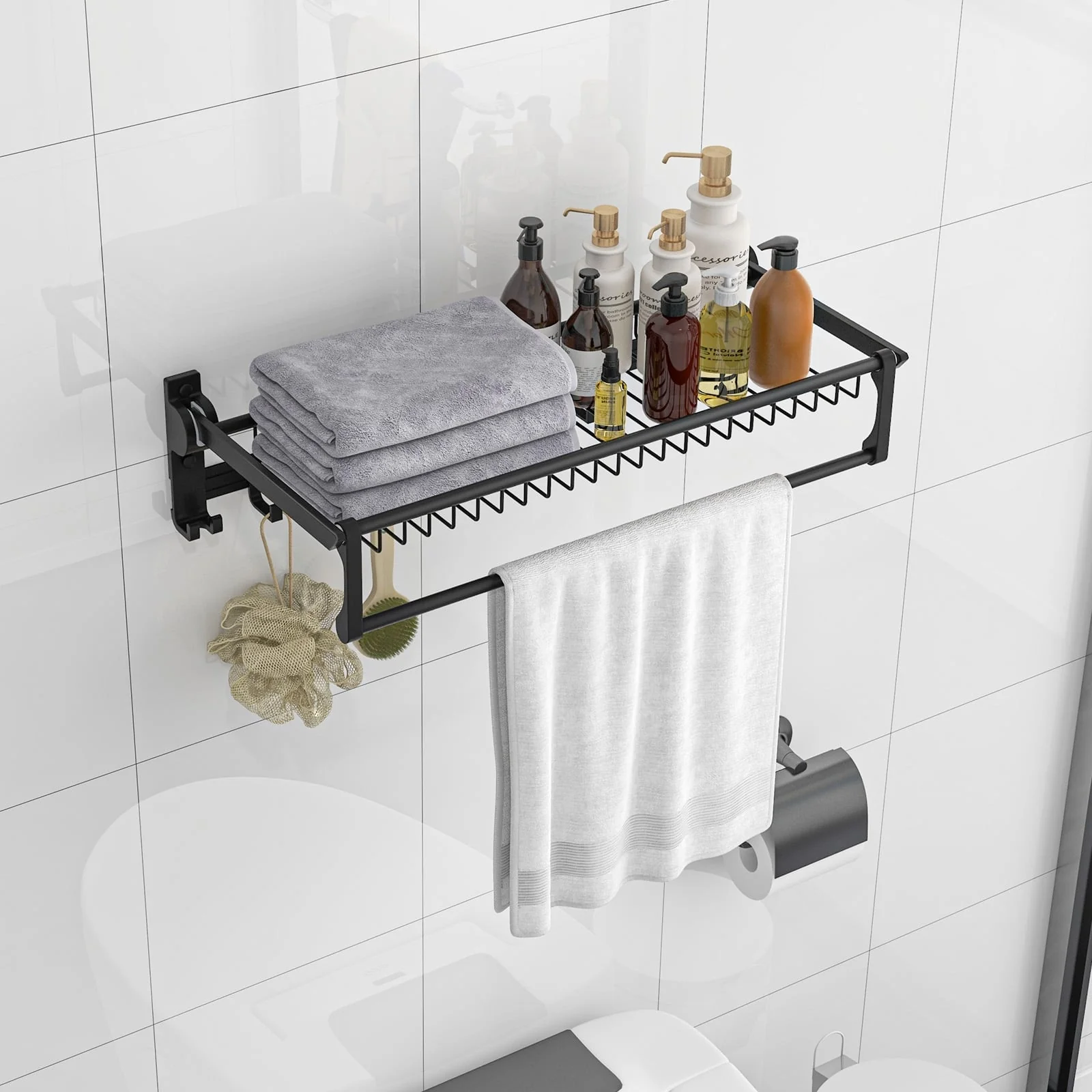 Wall Mounted Towel Shelf, Adjustable Bar, Movable Hooks, No Assembly - Image 2