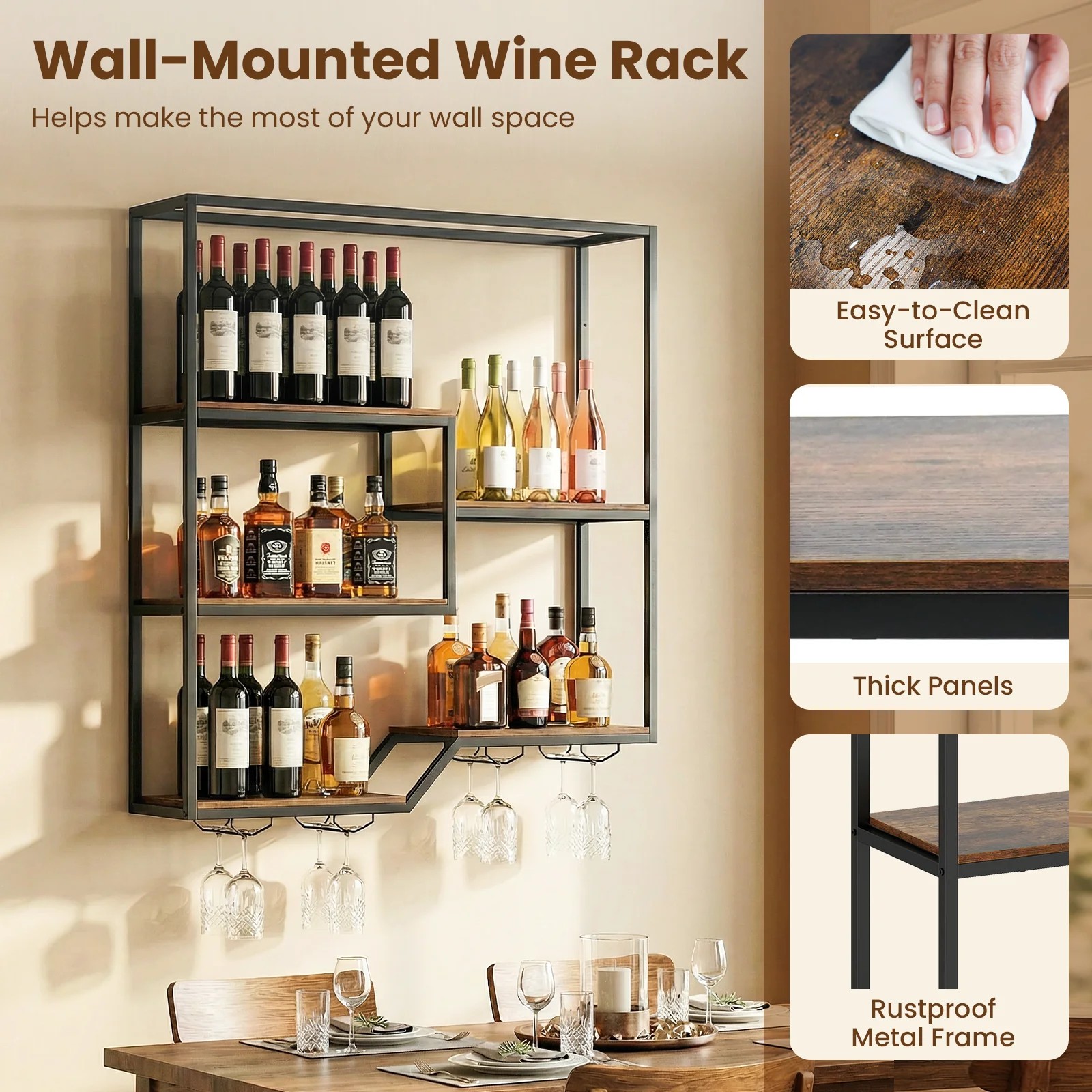 Wall Mounted Wine Rack 6-Tier Hanging Bar Shelf with Bottle Display Shelf and Glass Holder, Rustic Brown - Image 10