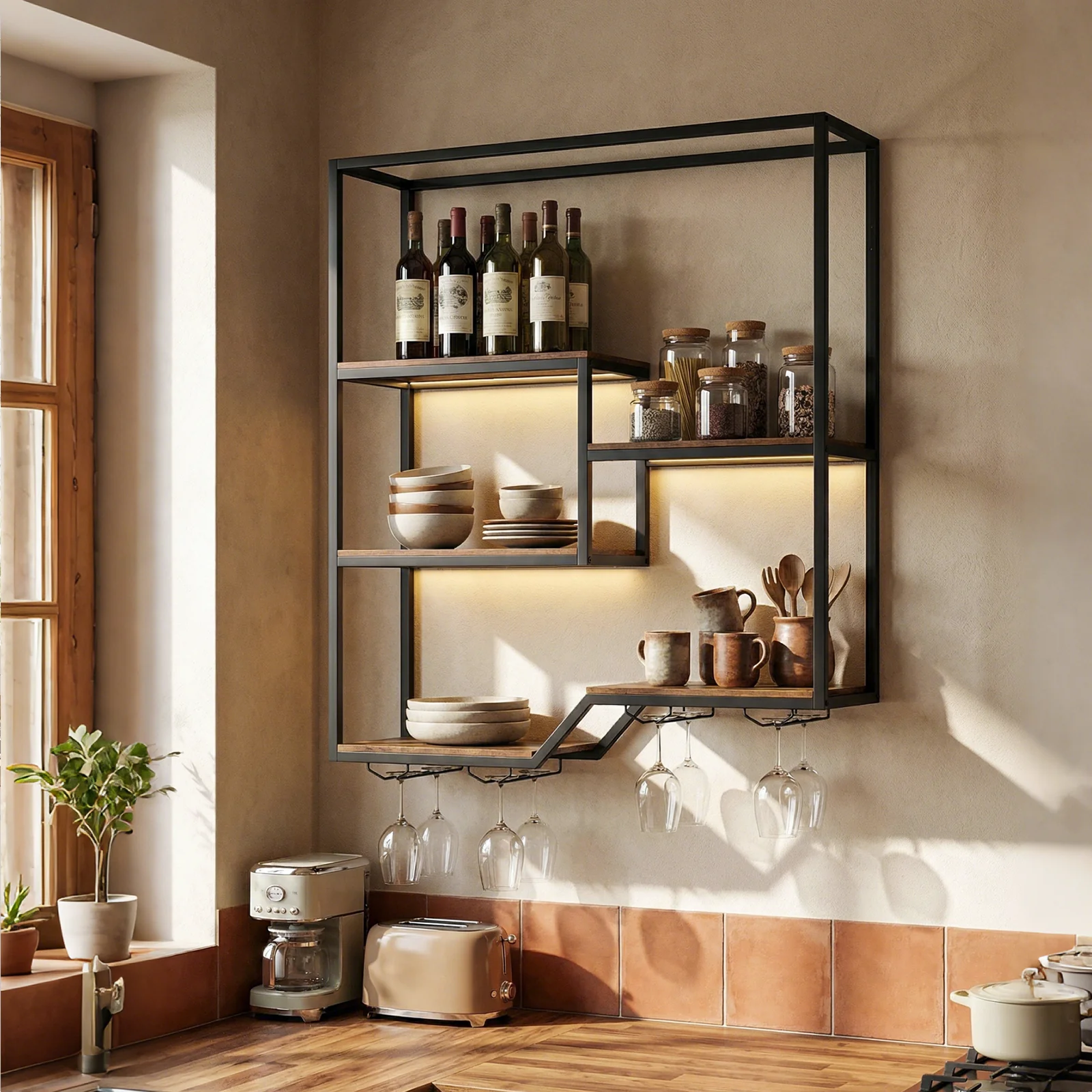 Wall Mounted Wine Rack 6-Tier Hanging Bar Shelf with Bottle Display Shelf and Glass Holder, Rustic Brown - Image 3