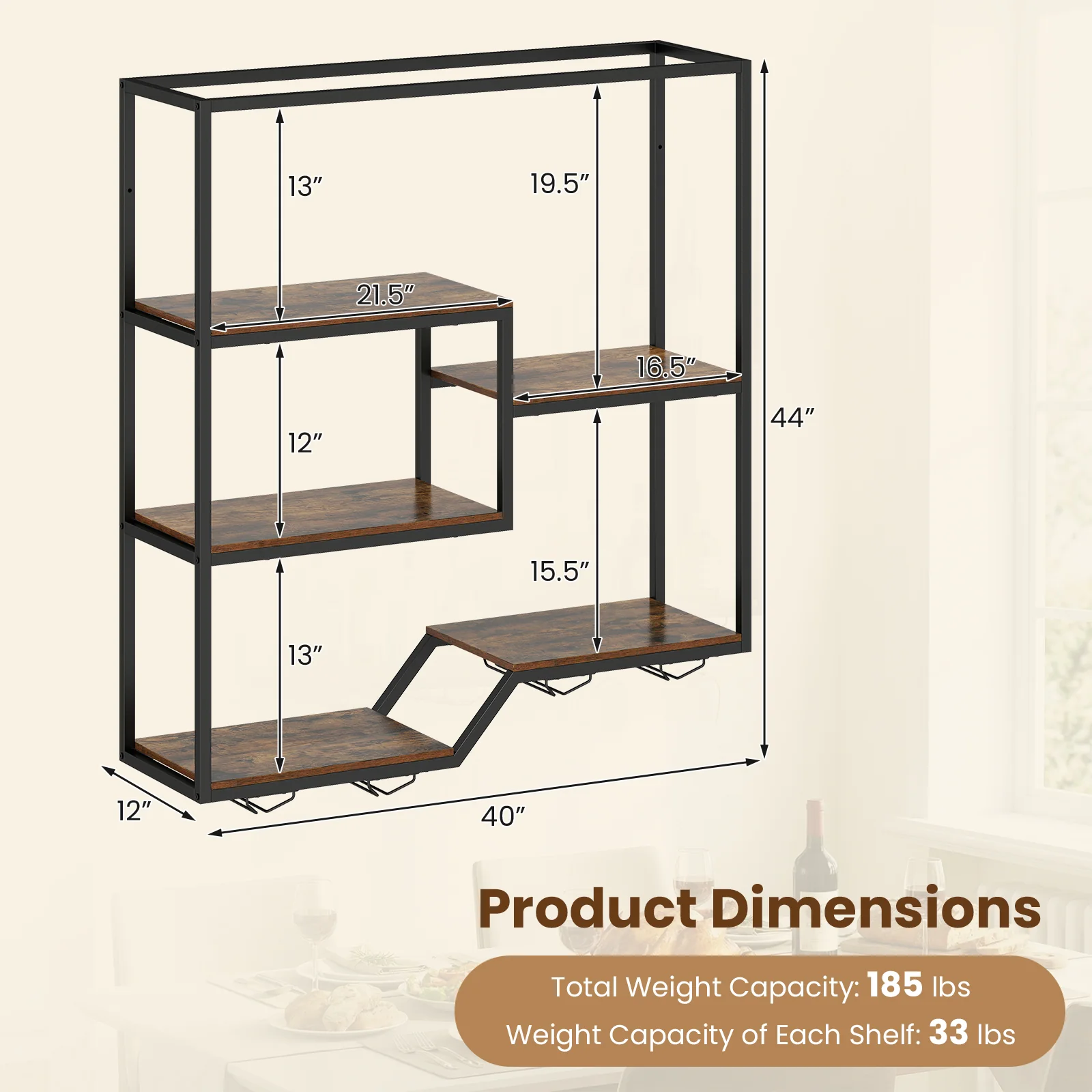 Wall Mounted Wine Rack 6-Tier Hanging Bar Shelf with Bottle Display Shelf and Glass Holder, Rustic Brown - Image 6