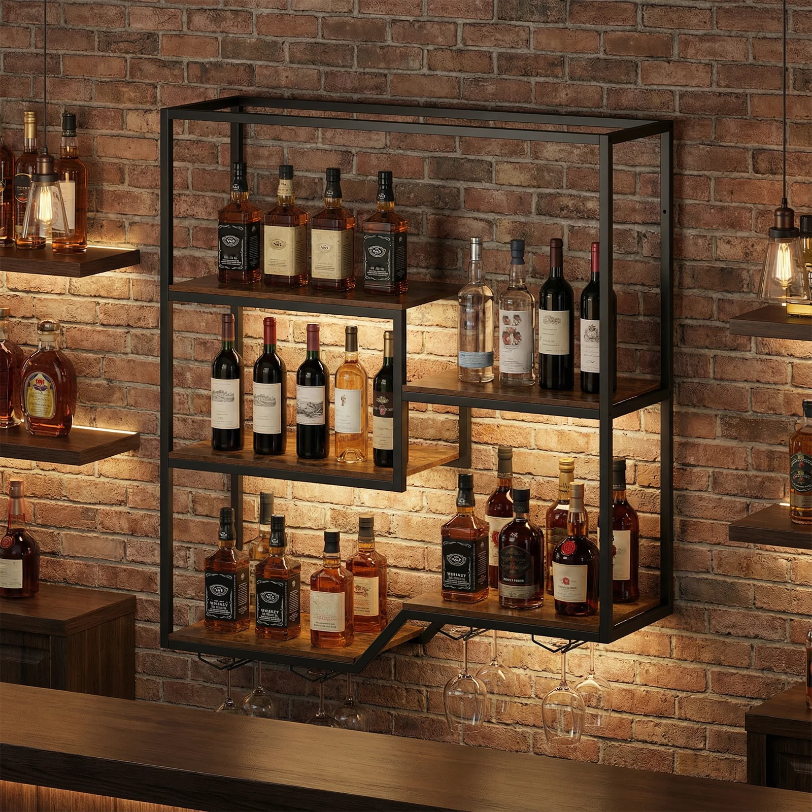 Wall Mounted Wine Rack 6-Tier Hanging Bar Shelf with Bottle Display Shelf and Glass Holder, Rustic Brown - Image 8