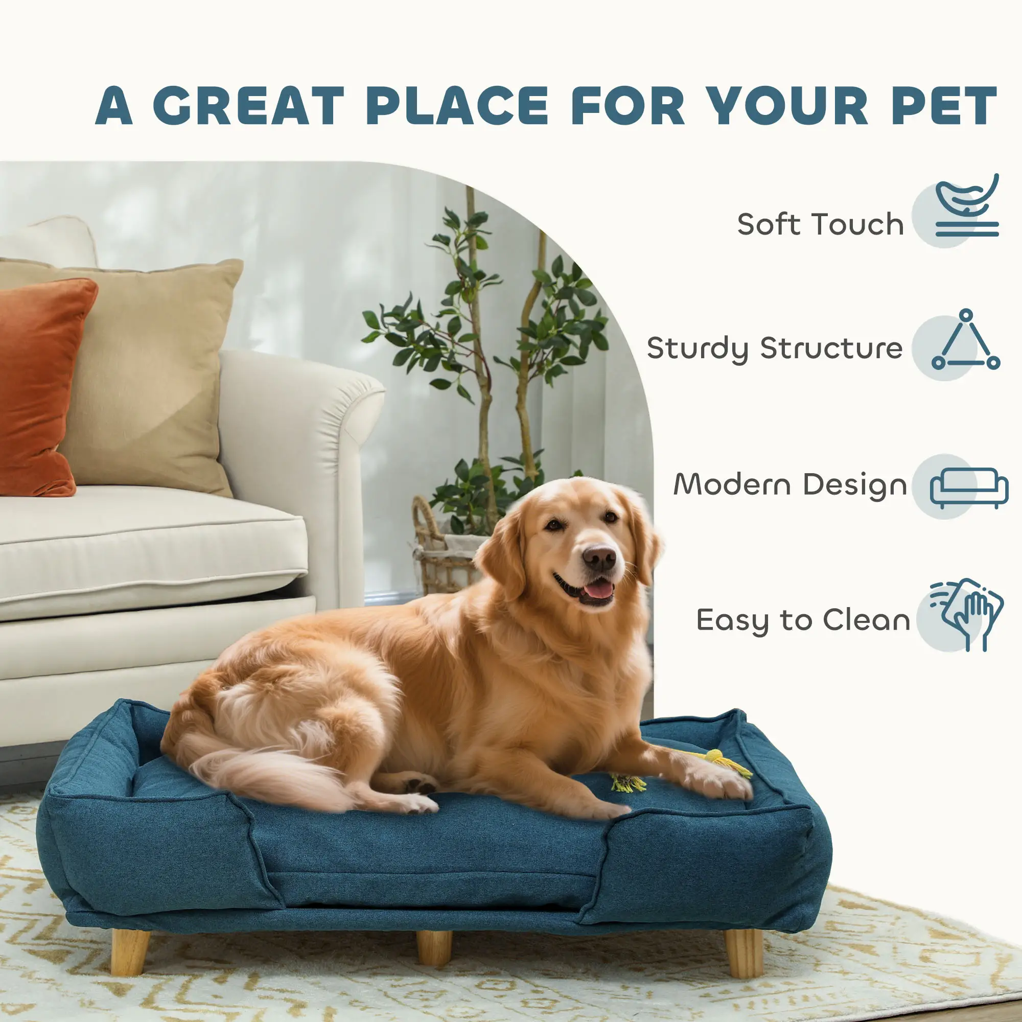 Washable Dog Sofa For Large Dogs, Elevated Pet Couch, Dark Blue - Image 7