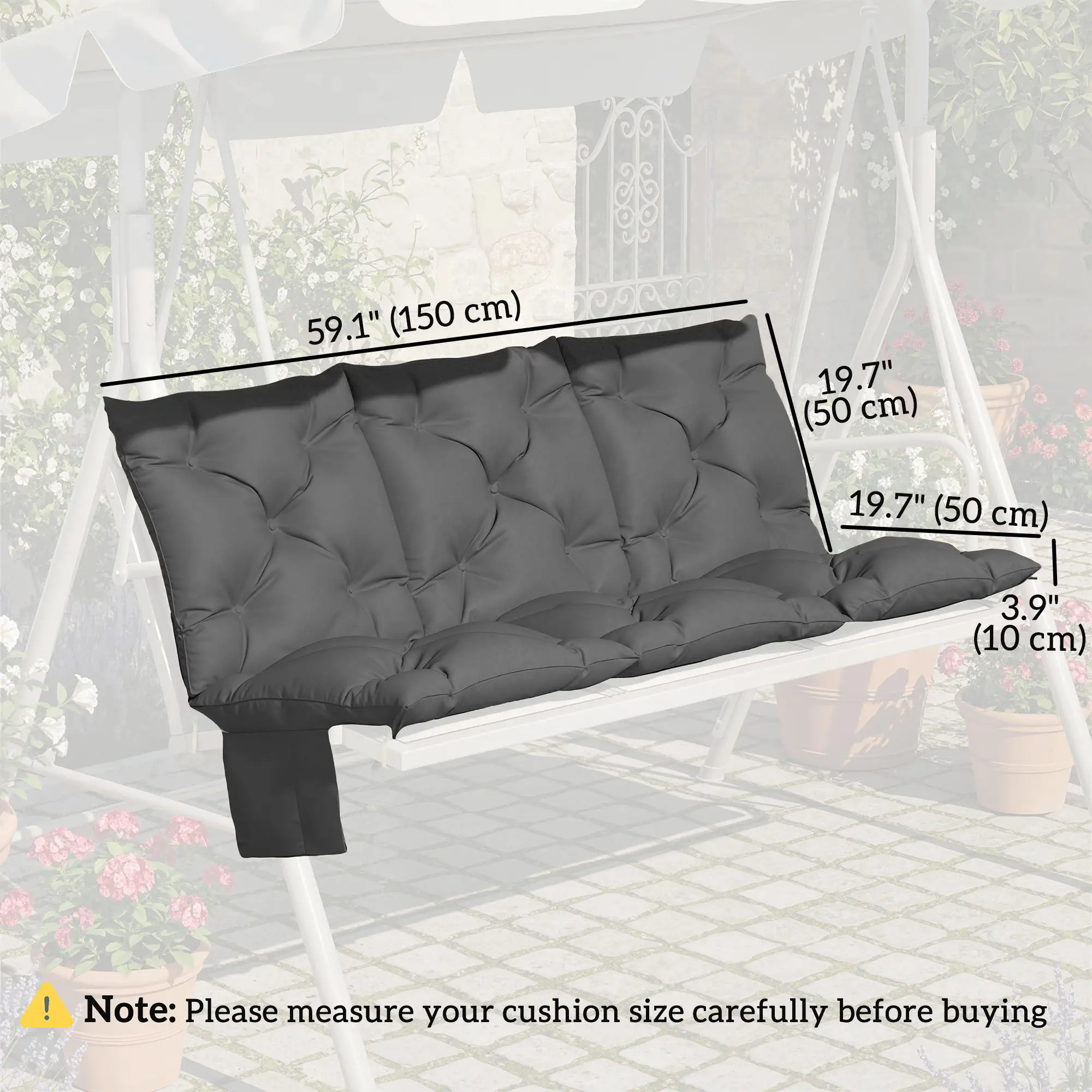 Water-Repellent Bench Cushion, Outdoor Swing Chair Pad, 59.1" x 39.4", Dark Grey - Image 3