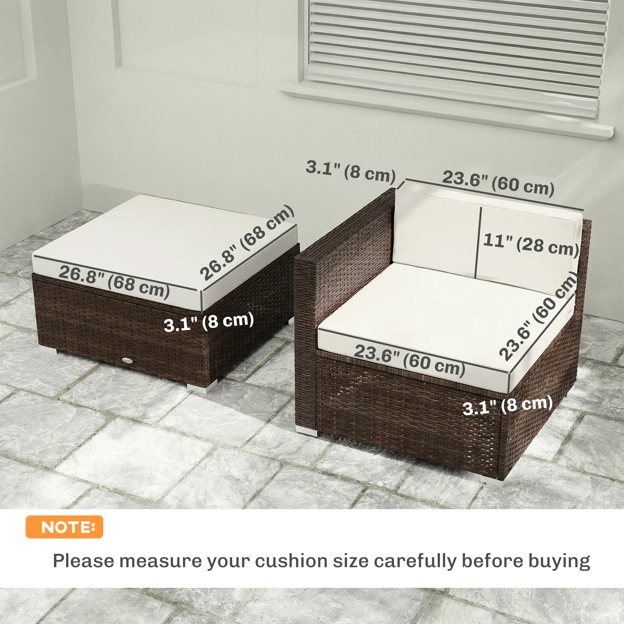 Water-Repellent Patio Loveseat Cushion, 23.6" x23.6", Cream - Image 3