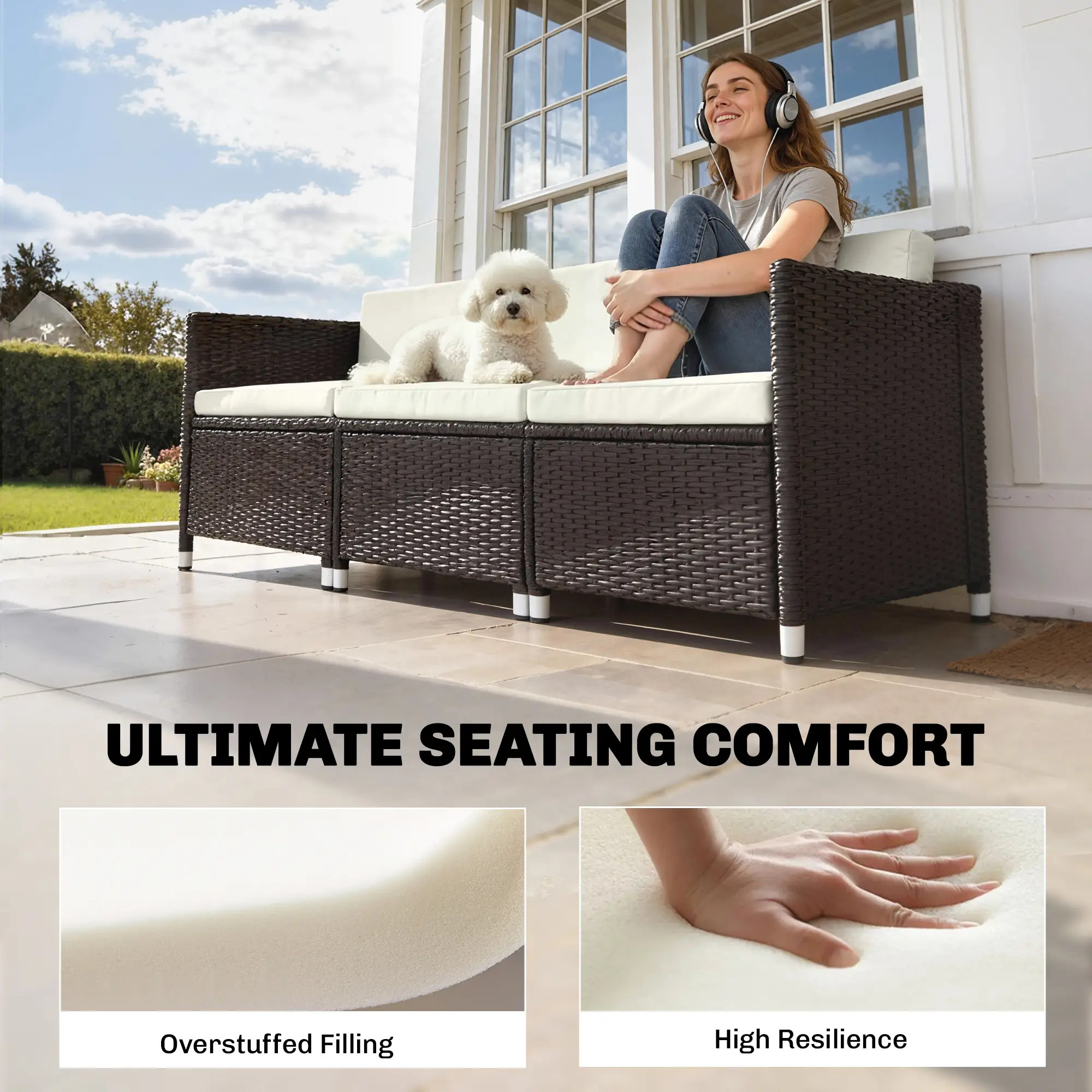 Water-Repellent Patio Loveseat Cushion, 23.6" x23.6", Cream - Image 5