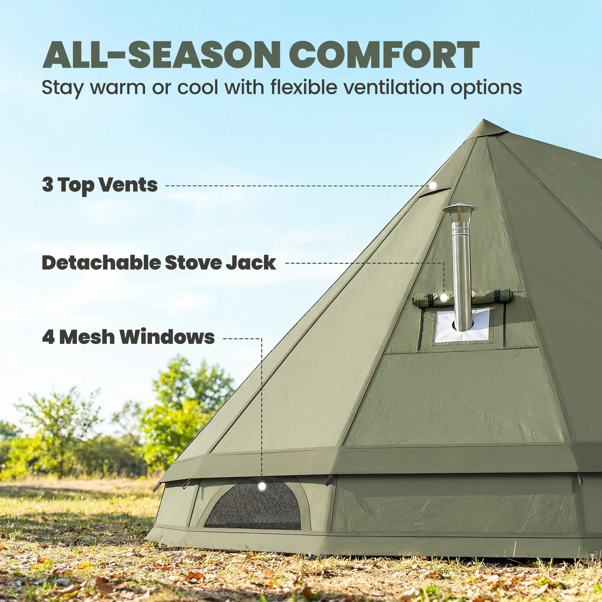 Waterproof Camping Tent, Stove Jack, 4-6 Person, Army Green - Image 5