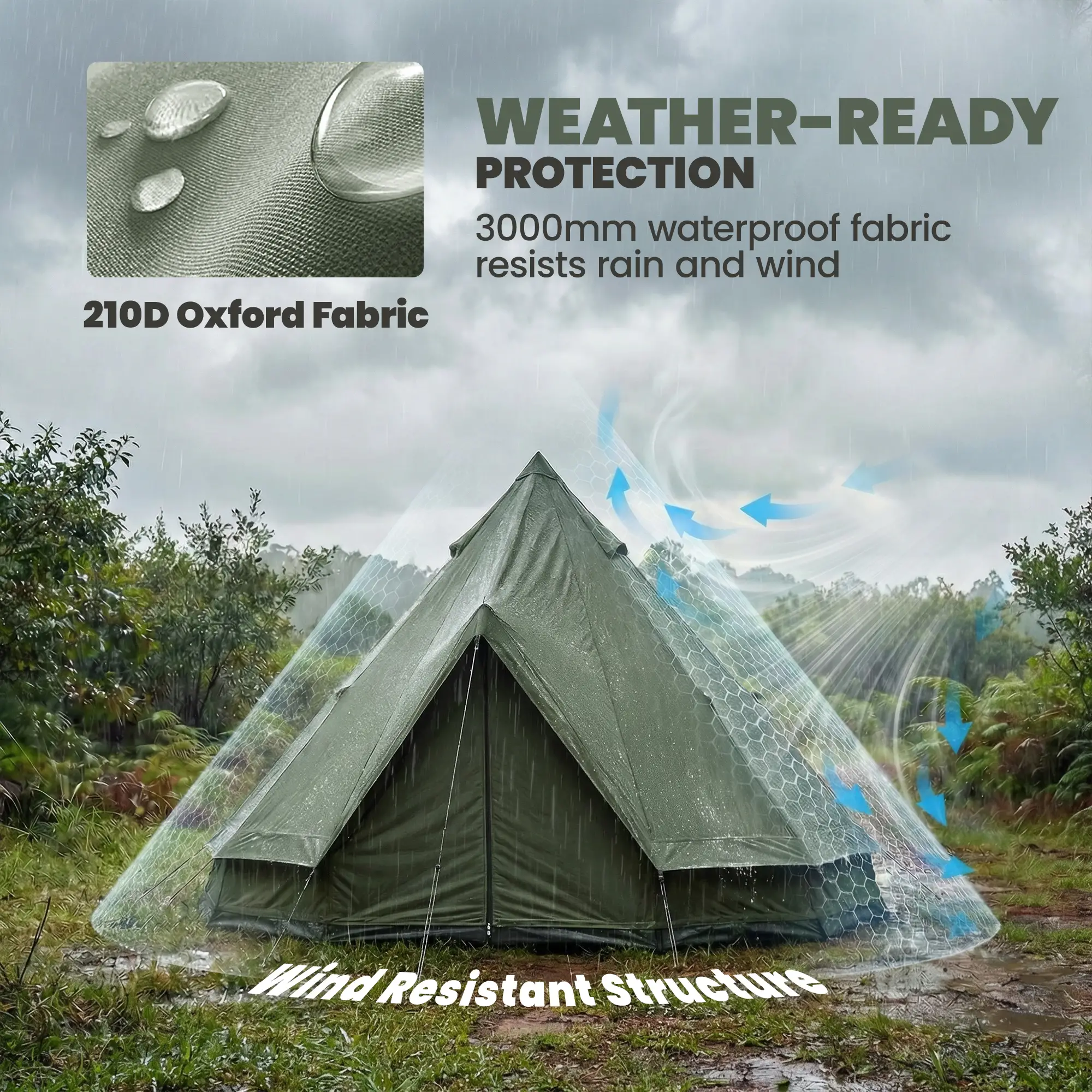 Waterproof Camping Tent, Stove Jack, 4-6 Person, Army Green - Image 6