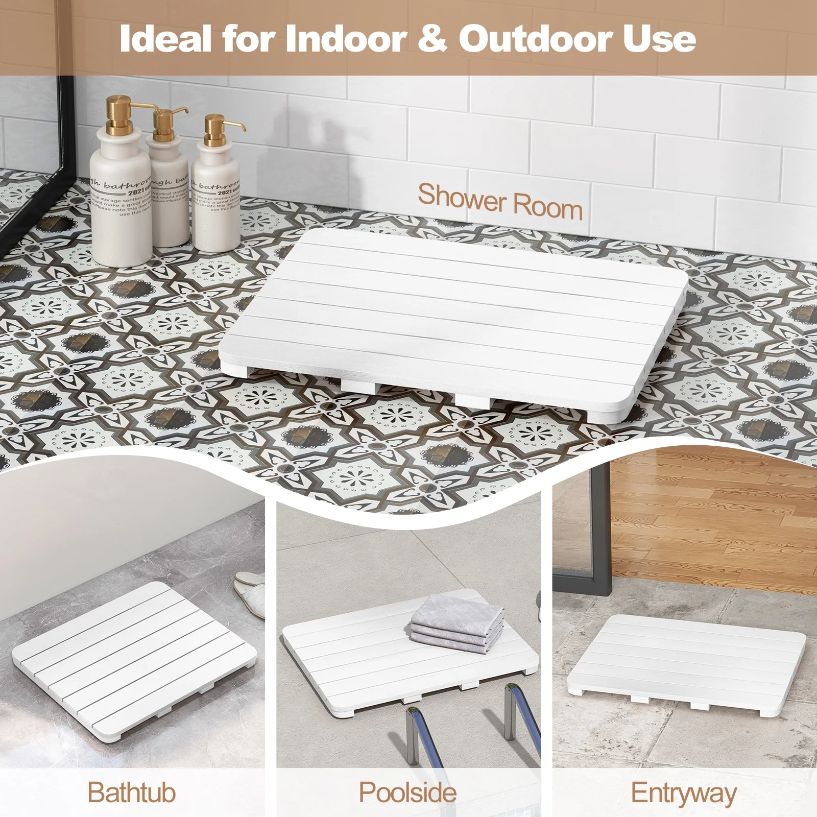 Waterproof HIPS Bath Spa Shower Mat, Non Slip Foot Pads, White - Image 9