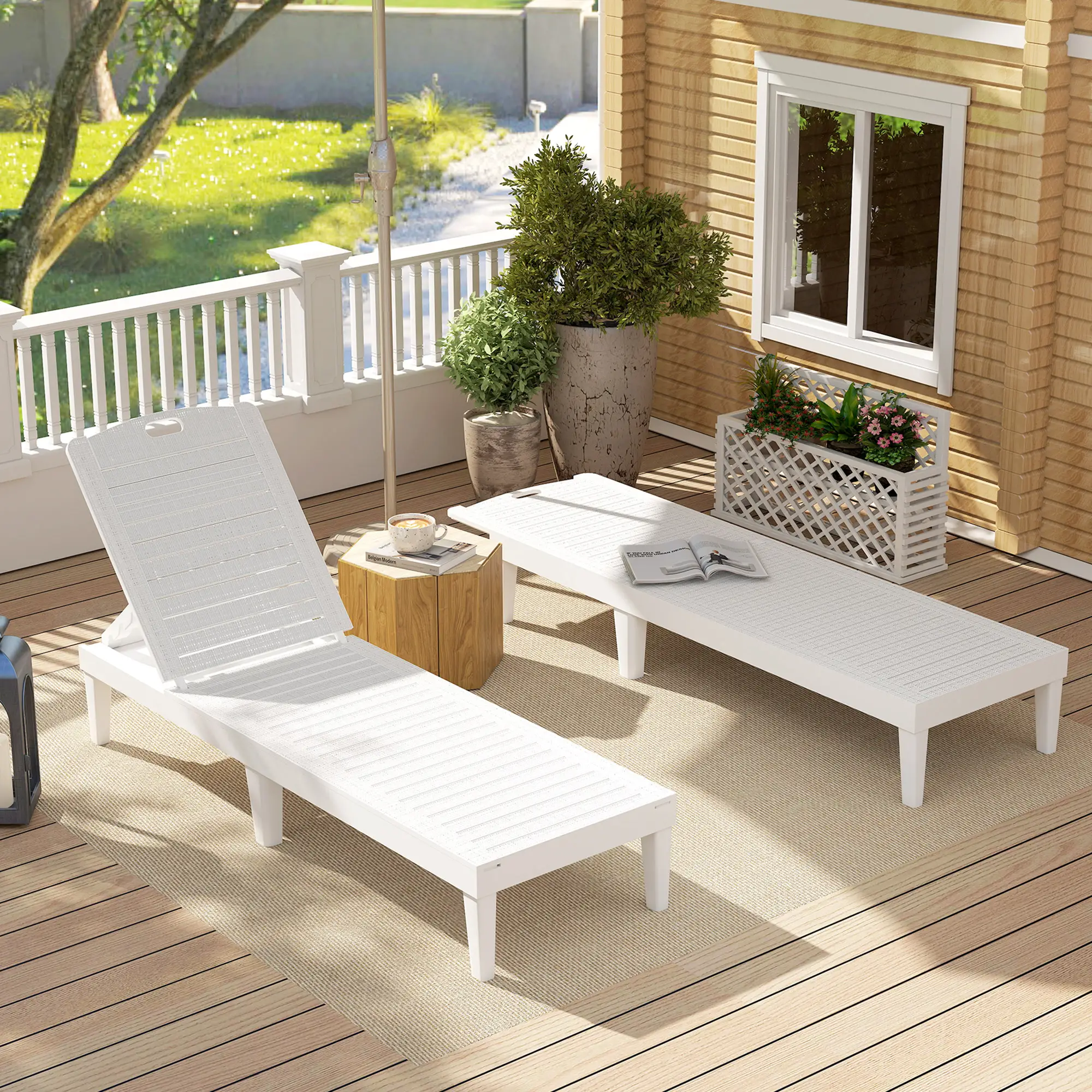 Waterproof Resin Lounge Chairs, Set of 2, 4-Position Adjustable Backrest, White - Image 2