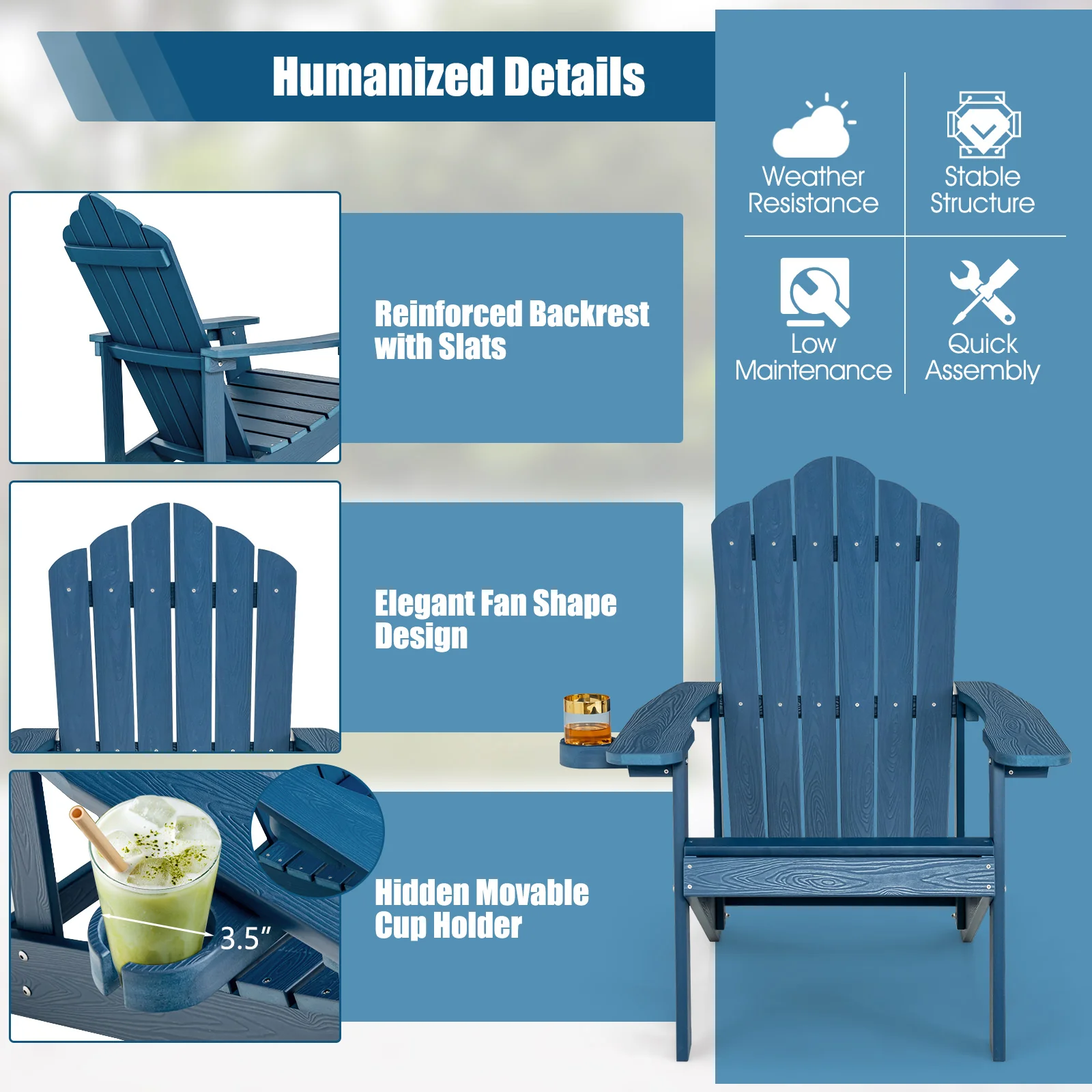 Weather Resistant HIPS Outdoor Adirondack Chair, Navy - Image 8