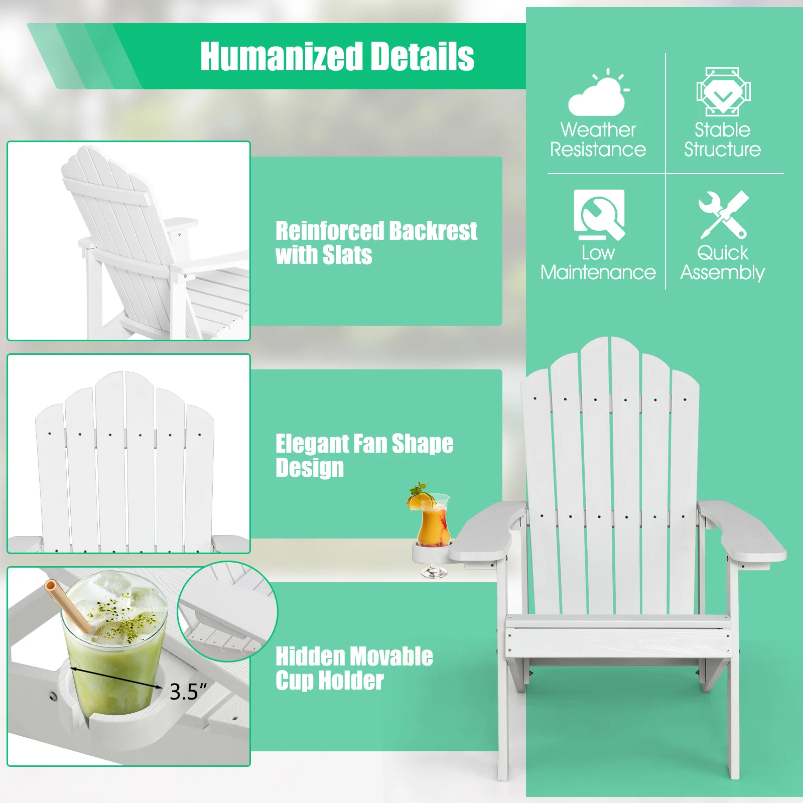 Weather Resistant HIPS Outdoor Adirondack Chair, White - Image 8