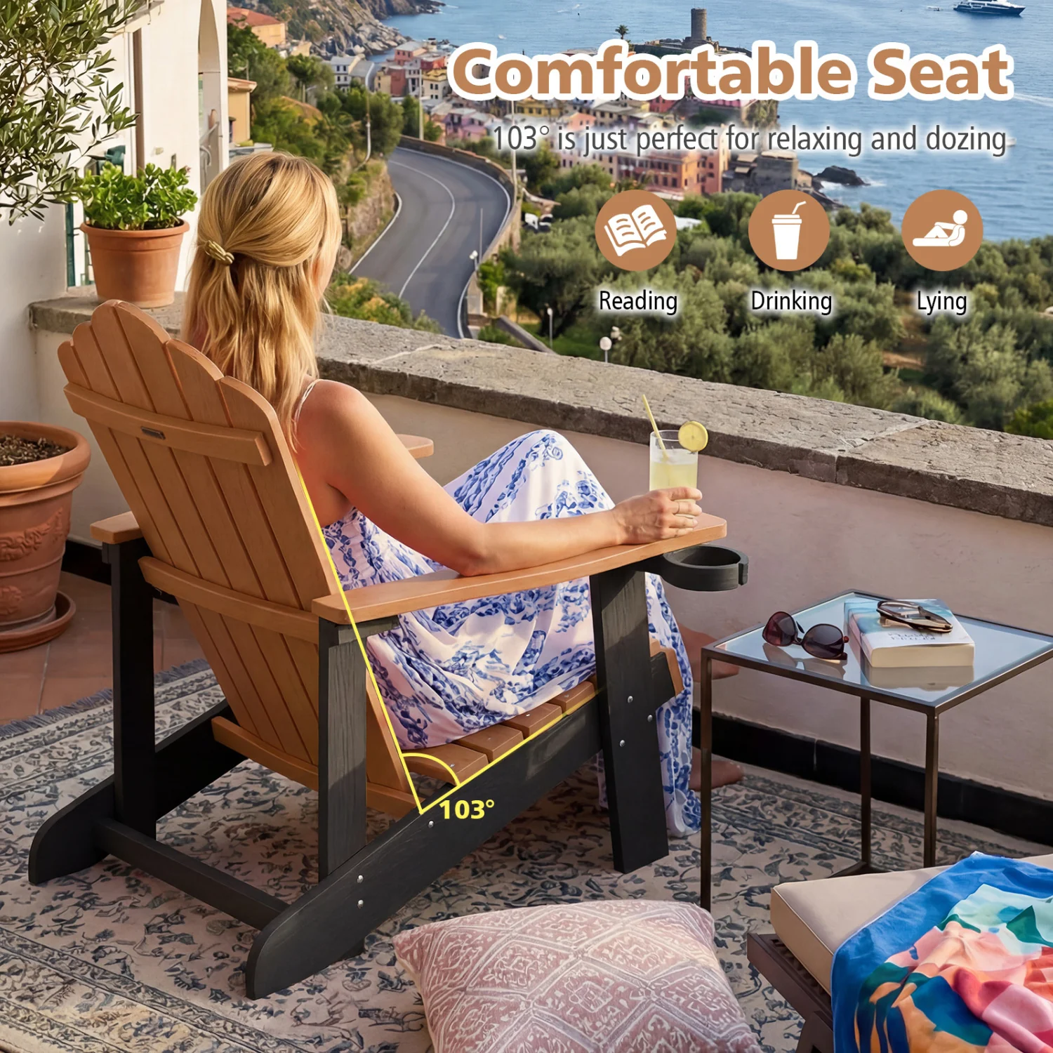 Weather Resistant HIPS Outdoor Adirondack Chair With Cup Holder, Brown - Image 9