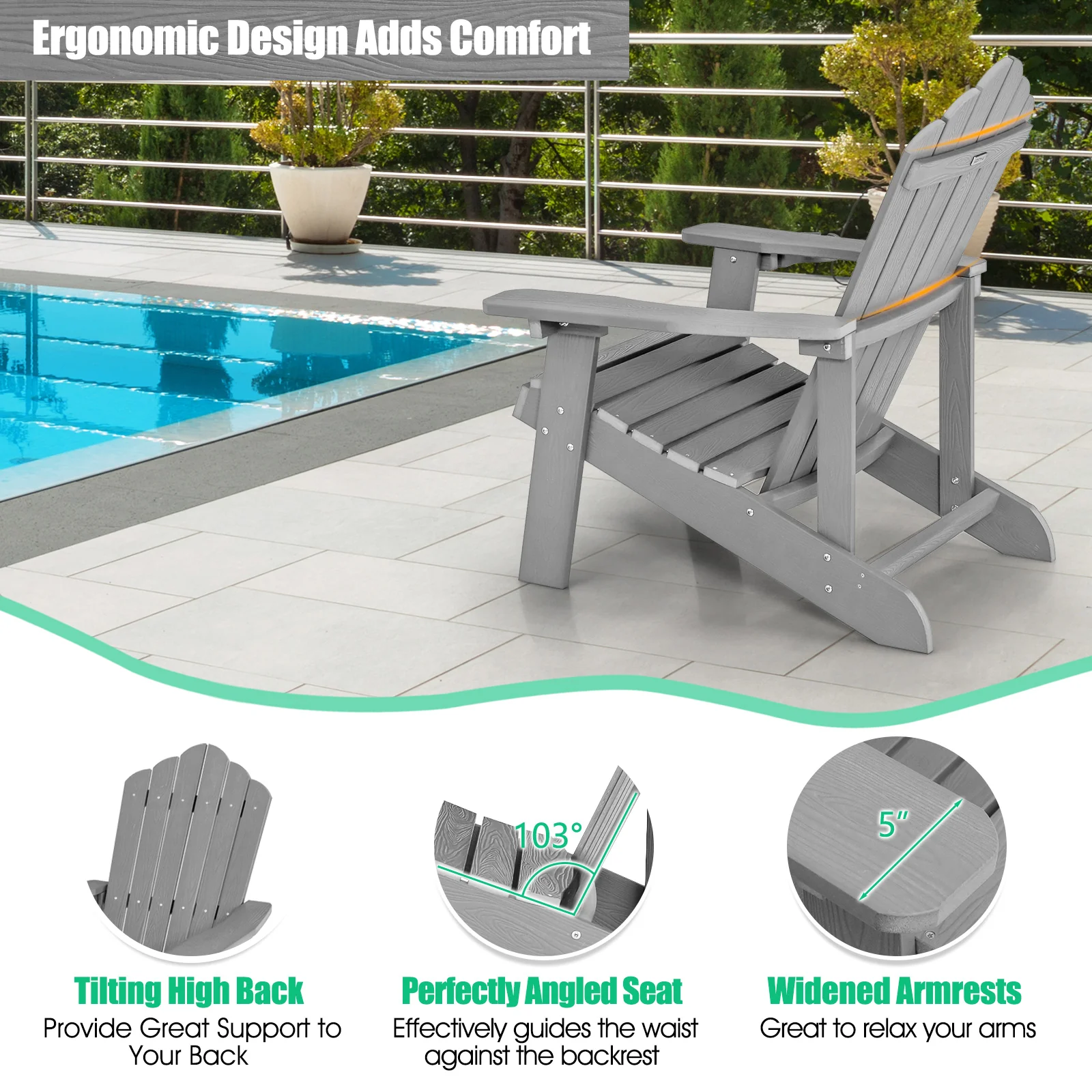 Weather Resistant HIPS Outdoor Adirondack Chair, With Cup Holder, Gray - Image 10