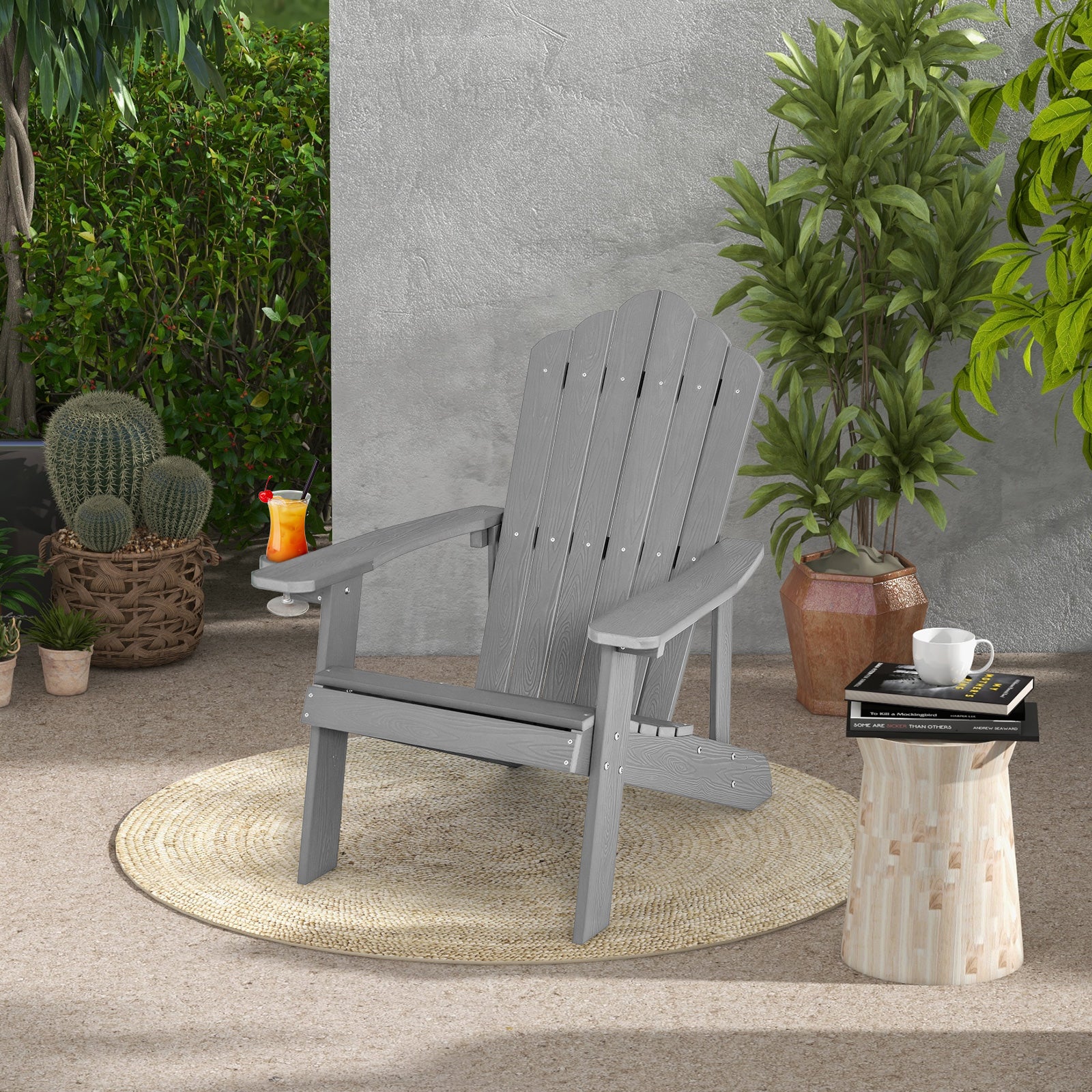 Weather Resistant HIPS Outdoor Adirondack Chair, With Cup Holder, Gray - Image 2
