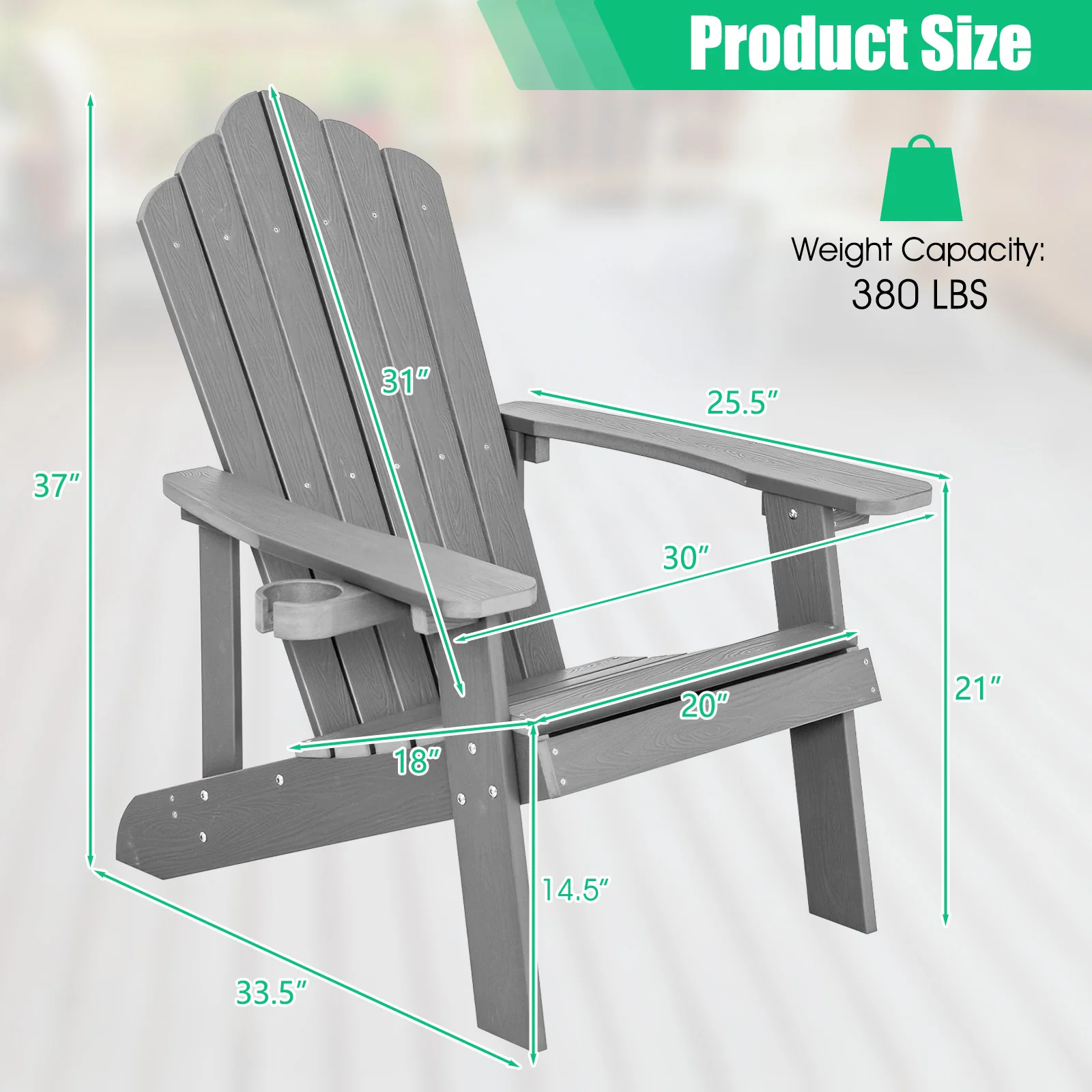 Weather Resistant HIPS Outdoor Adirondack Chair, With Cup Holder, Gray - Image 6