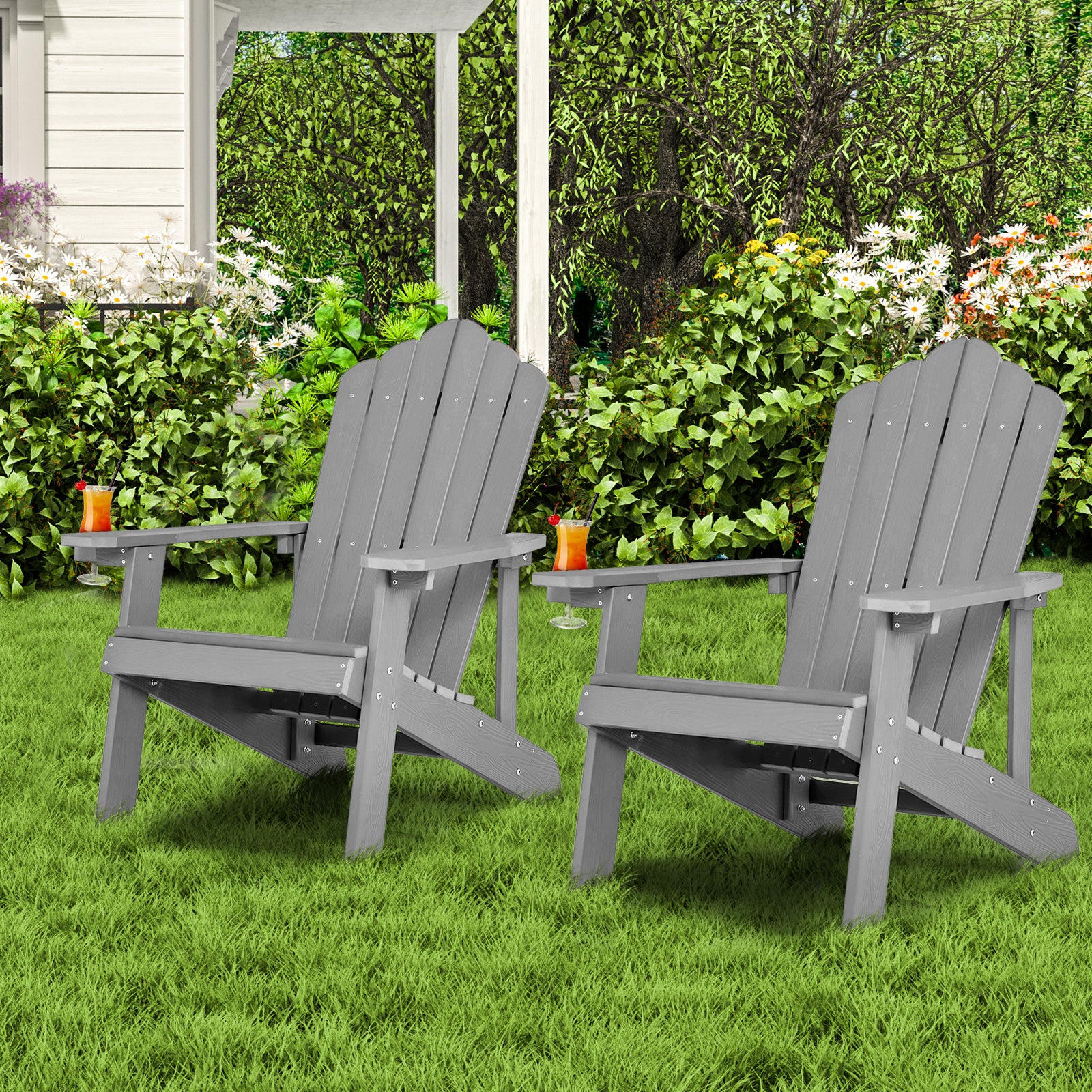 Weather Resistant HIPS Outdoor Adirondack Chair, With Cup Holder, Gray - Image 8