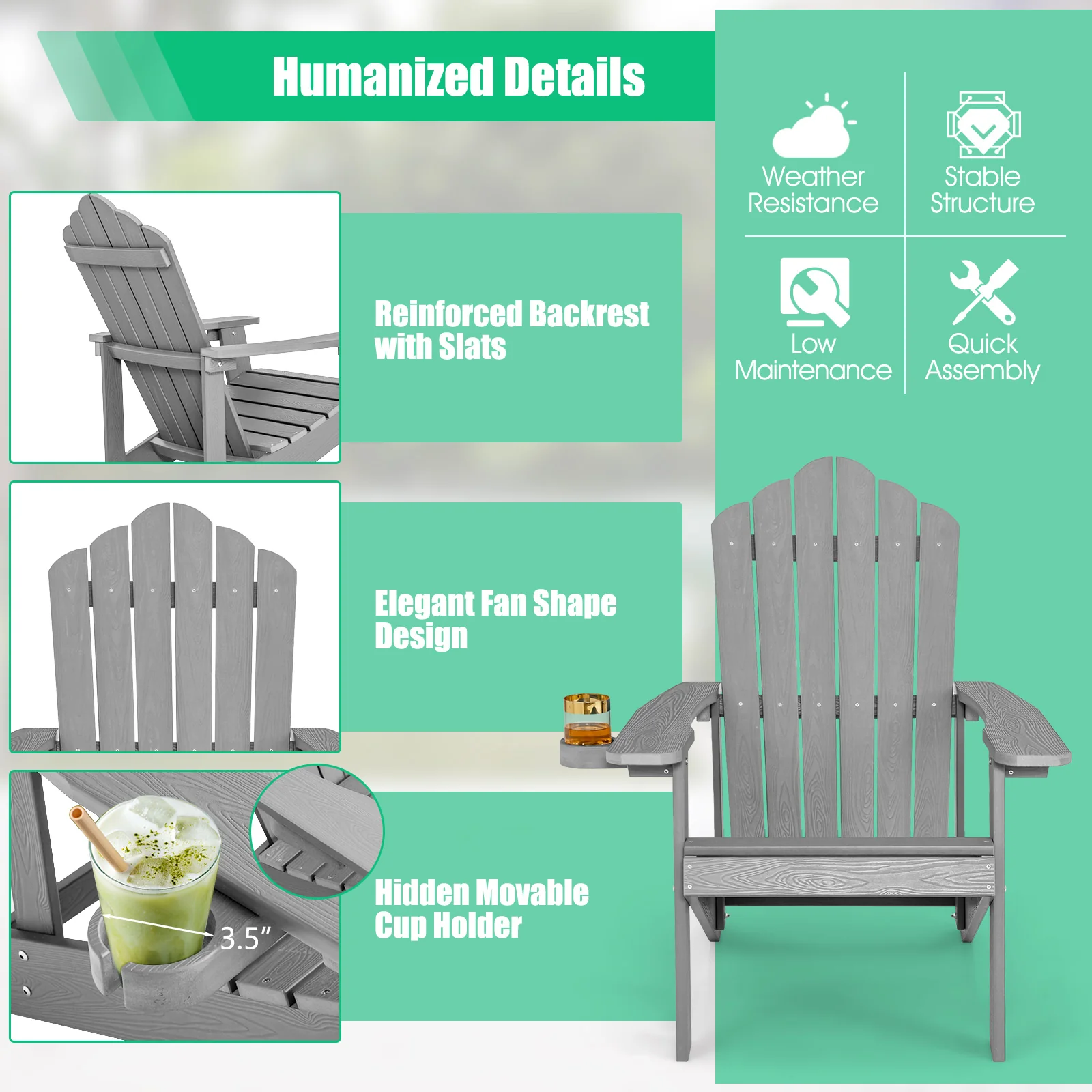 Weather Resistant HIPS Outdoor Adirondack Chair, With Cup Holder, Gray - Image 9