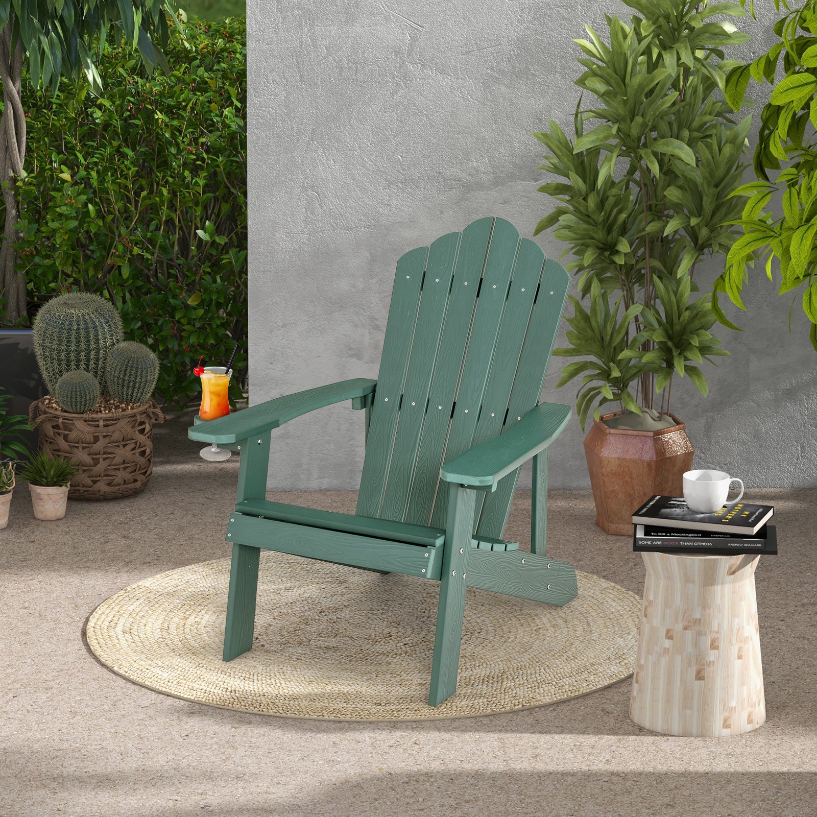 Weather Resistant HIPS Outdoor Adirondack Chair, With Cup Holder, Green - Image 2
