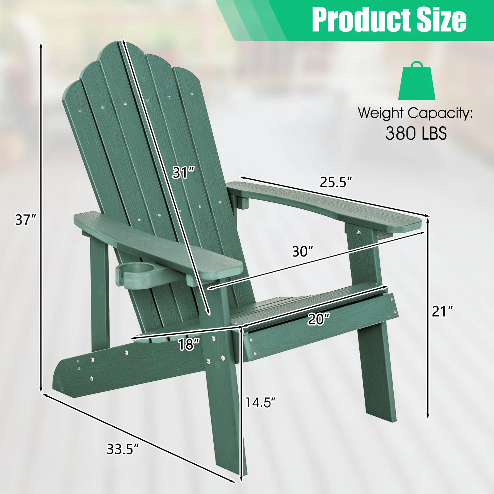 Weather Resistant HIPS Outdoor Adirondack Chair, With Cup Holder, Green - Image 6