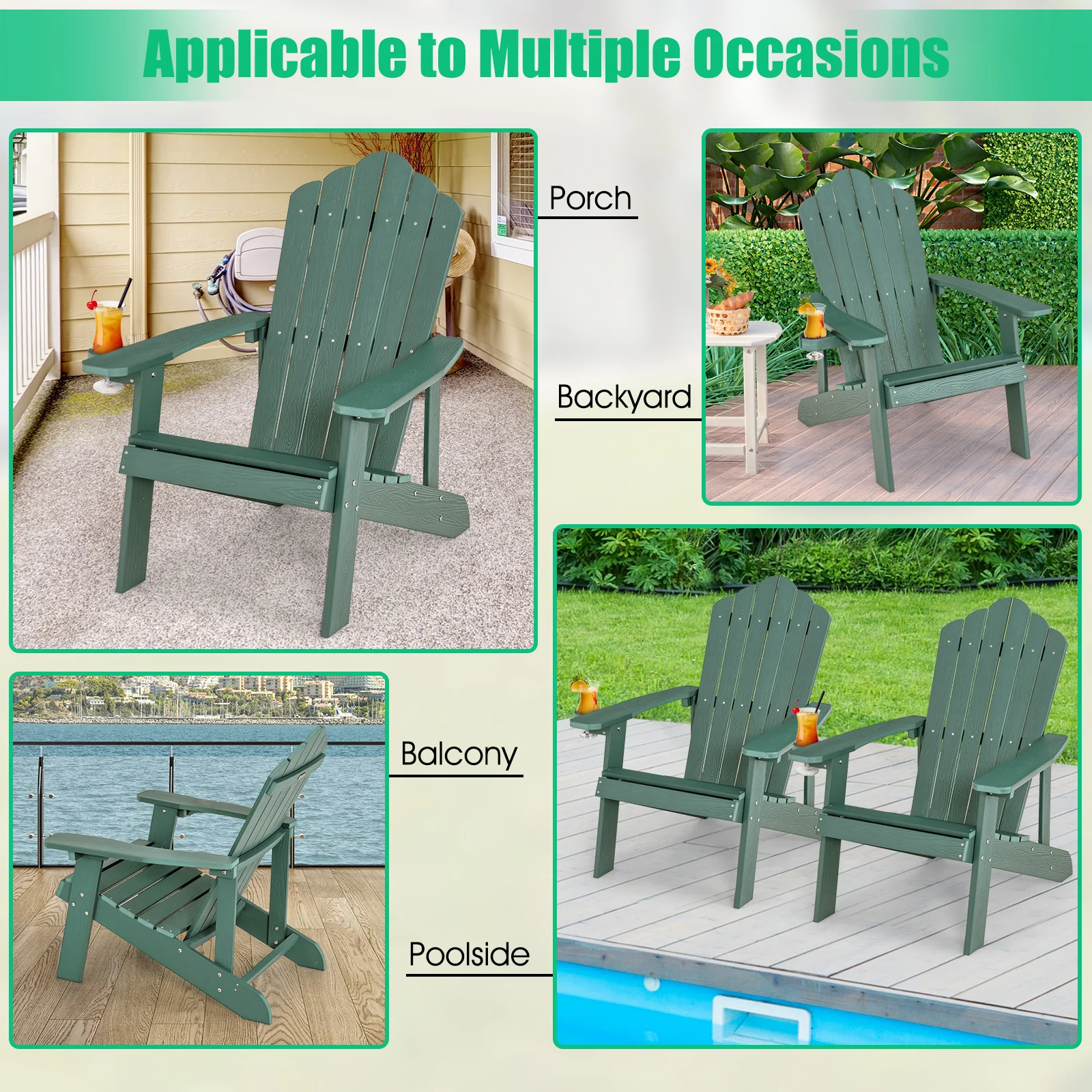Weather Resistant HIPS Outdoor Adirondack Chair, With Cup Holder, Green - Image 9