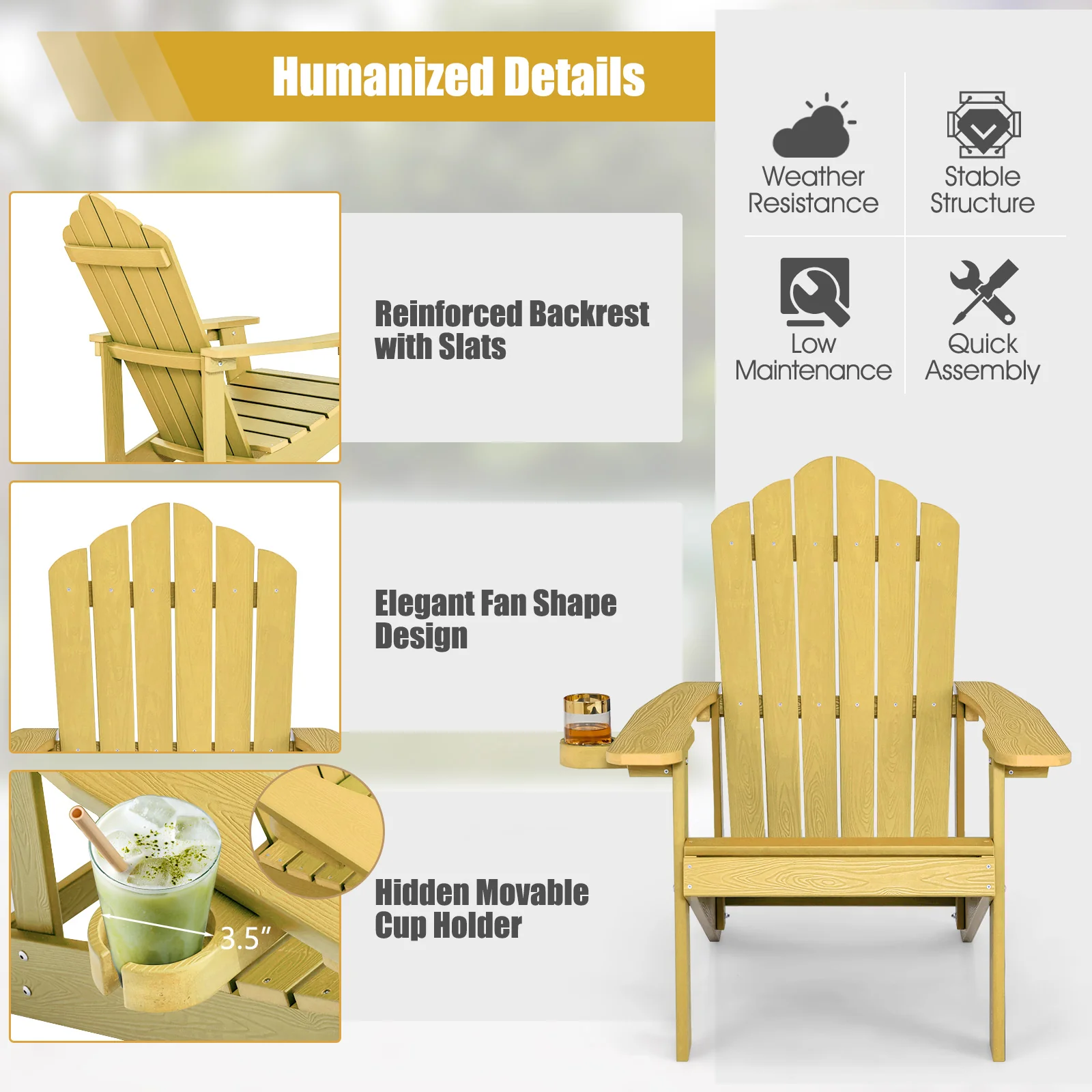 Weather Resistant Outdoor Adirondack Chair With Cup Holder, Yellow - Image 6