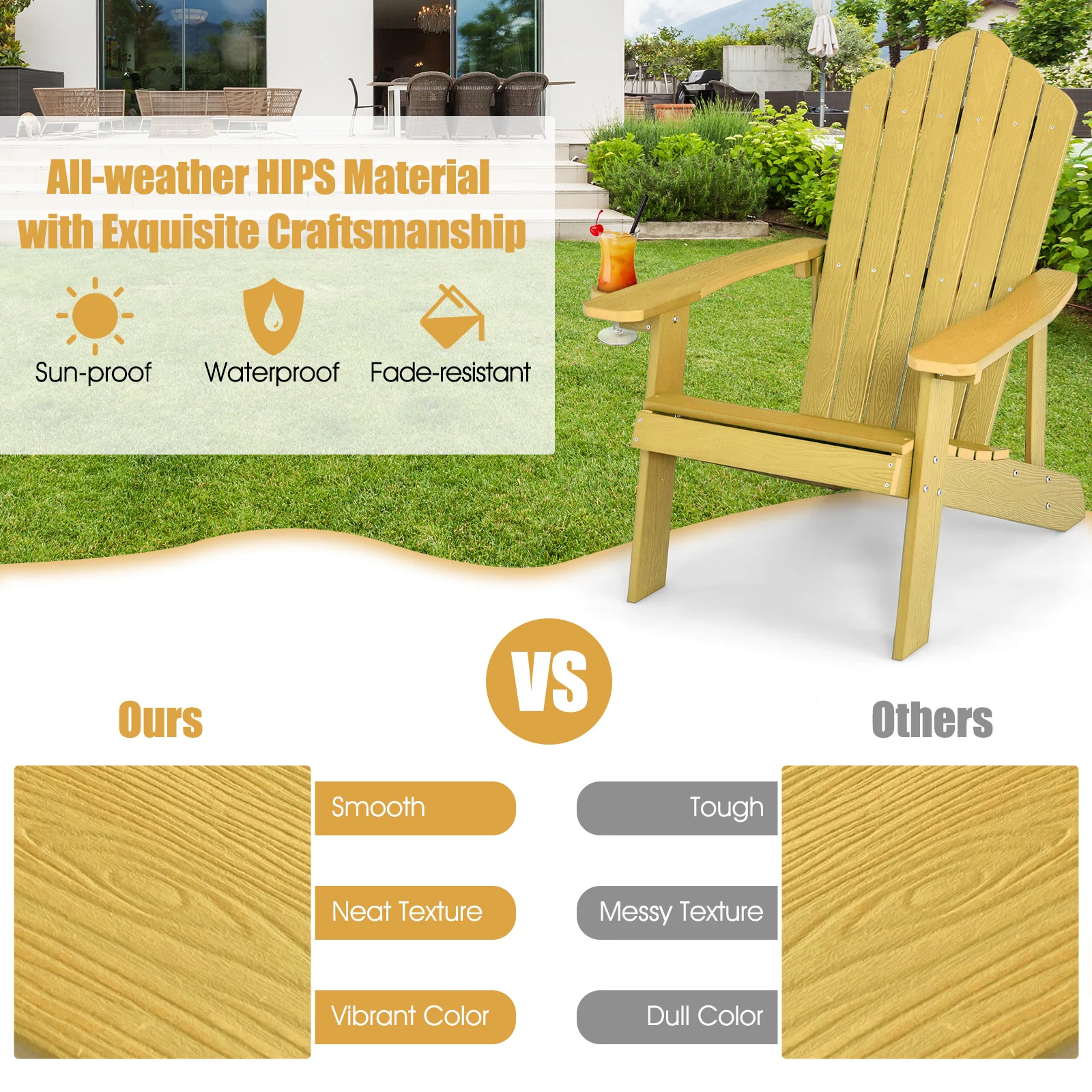 Weather Resistant Outdoor Adirondack Chair With Cup Holder, Yellow - Image 9