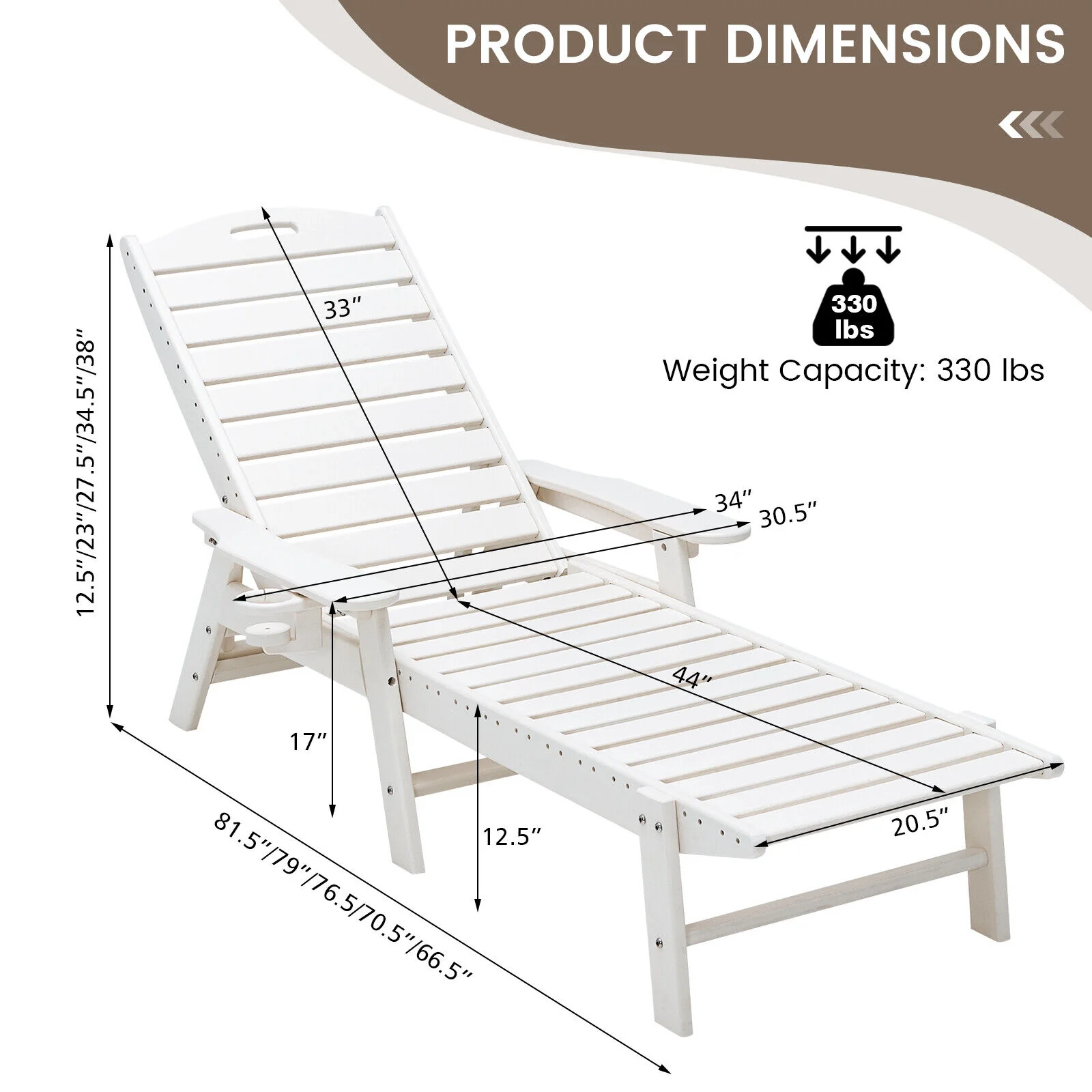 Weatherproof Patio Lounge Chair, Adjustable Back, Cup Holder, White - Image 5