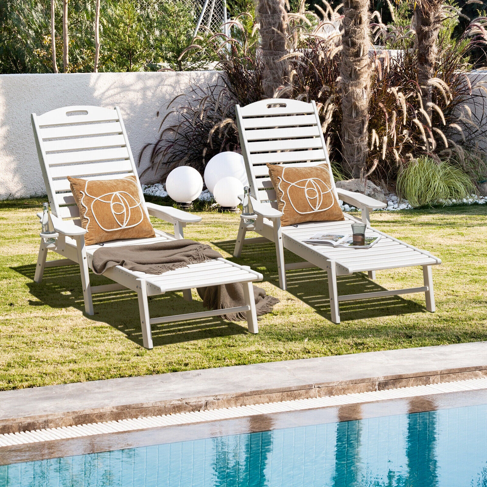 Weatherproof Patio Lounge Chair, Adjustable Back, Cup Holder, White - Image 7