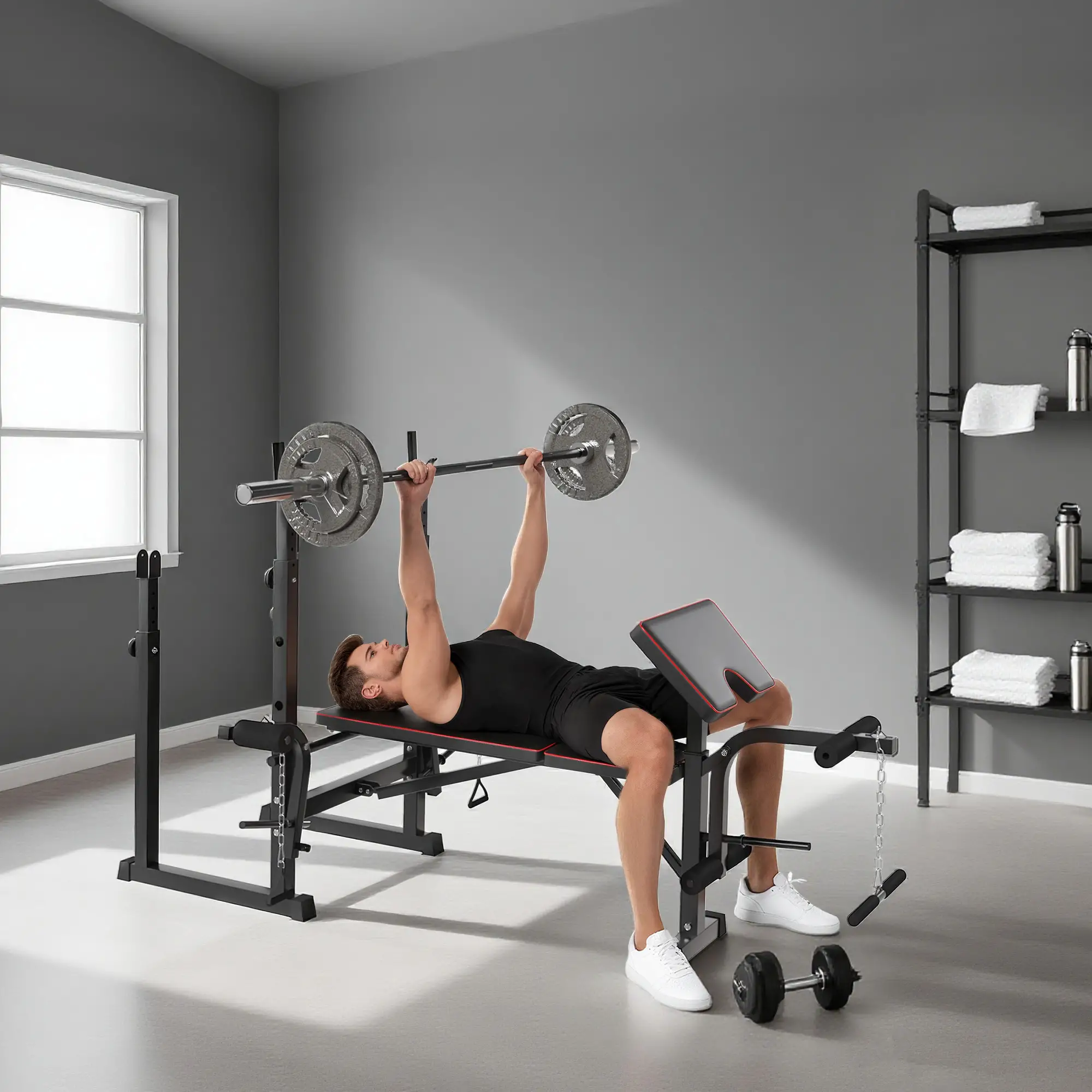 Weight Bench with Barbell Rack, Preacher Curl, Leg Curl Machine - Image 2