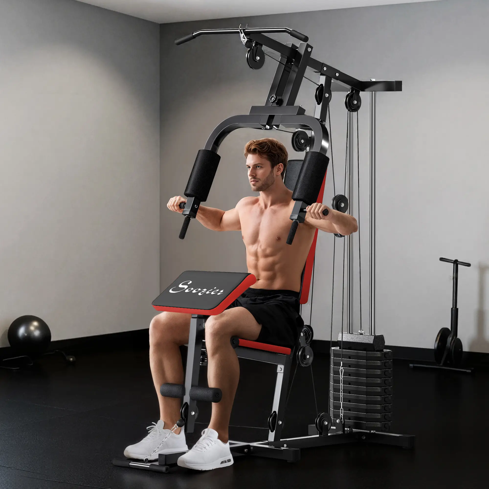 Weight Training Machine, Multifunction Home Gym, 143lbs, Red - Image 10