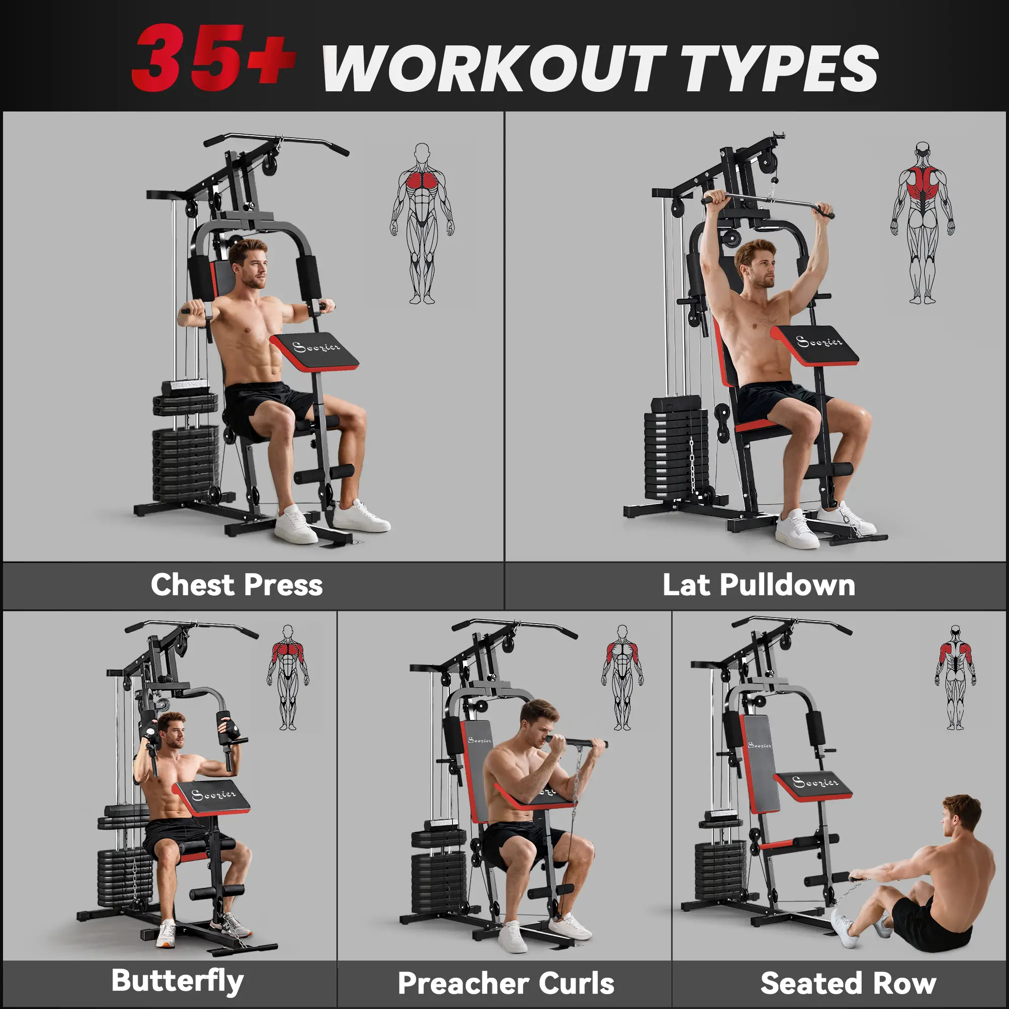 Weight Training Machine, Multifunction Home Gym, 143lbs, Red - Image 4