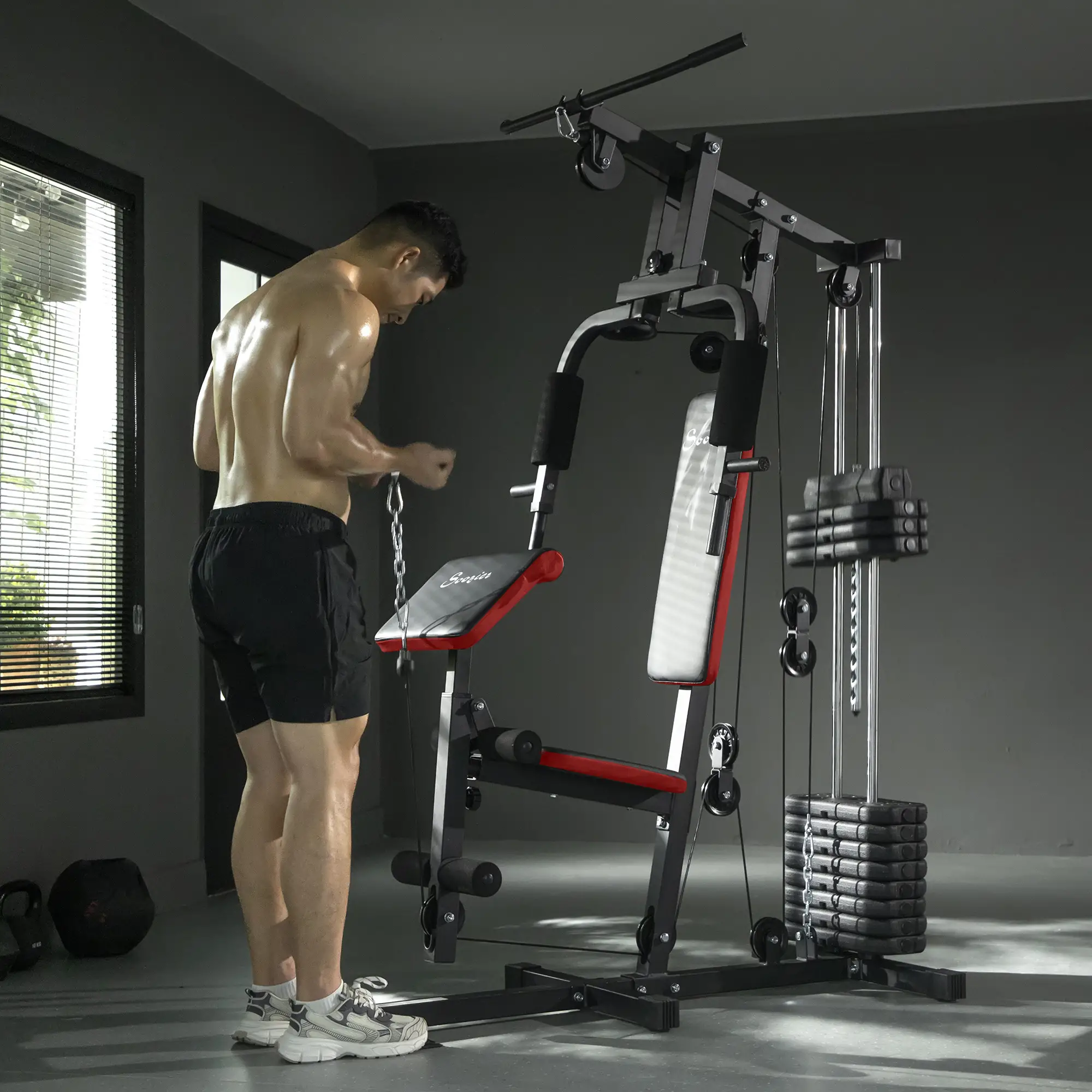 Weight Training Machine, Multifunction Home Gym, 143lbs, Red - Image 8