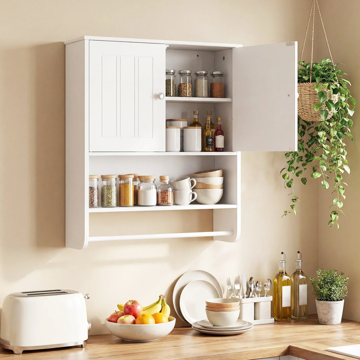 Bathroom Wall Cabinet With Towel Bar, Adjustable Shelf, White - Image 2