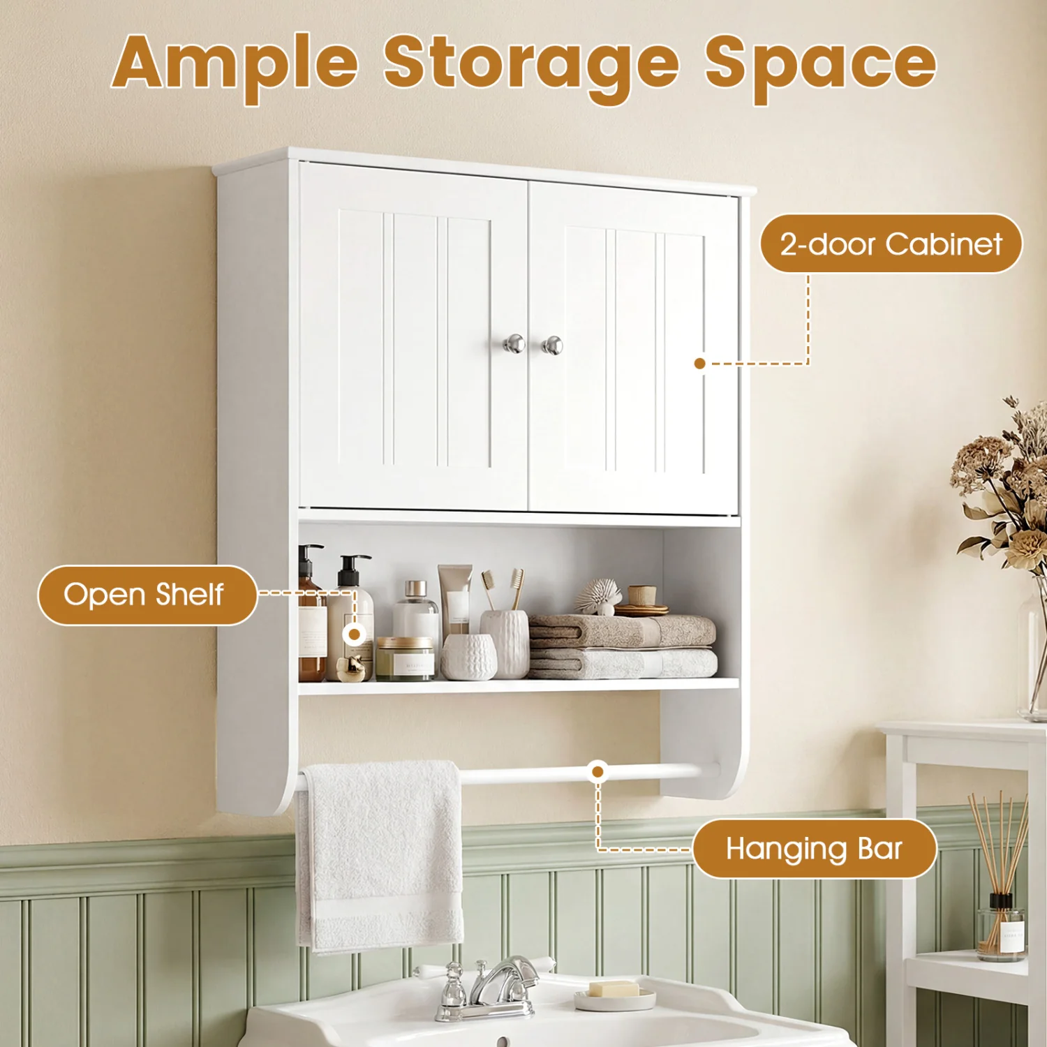 Bathroom Wall Cabinet With Towel Bar, Adjustable Shelf, White - Image 4