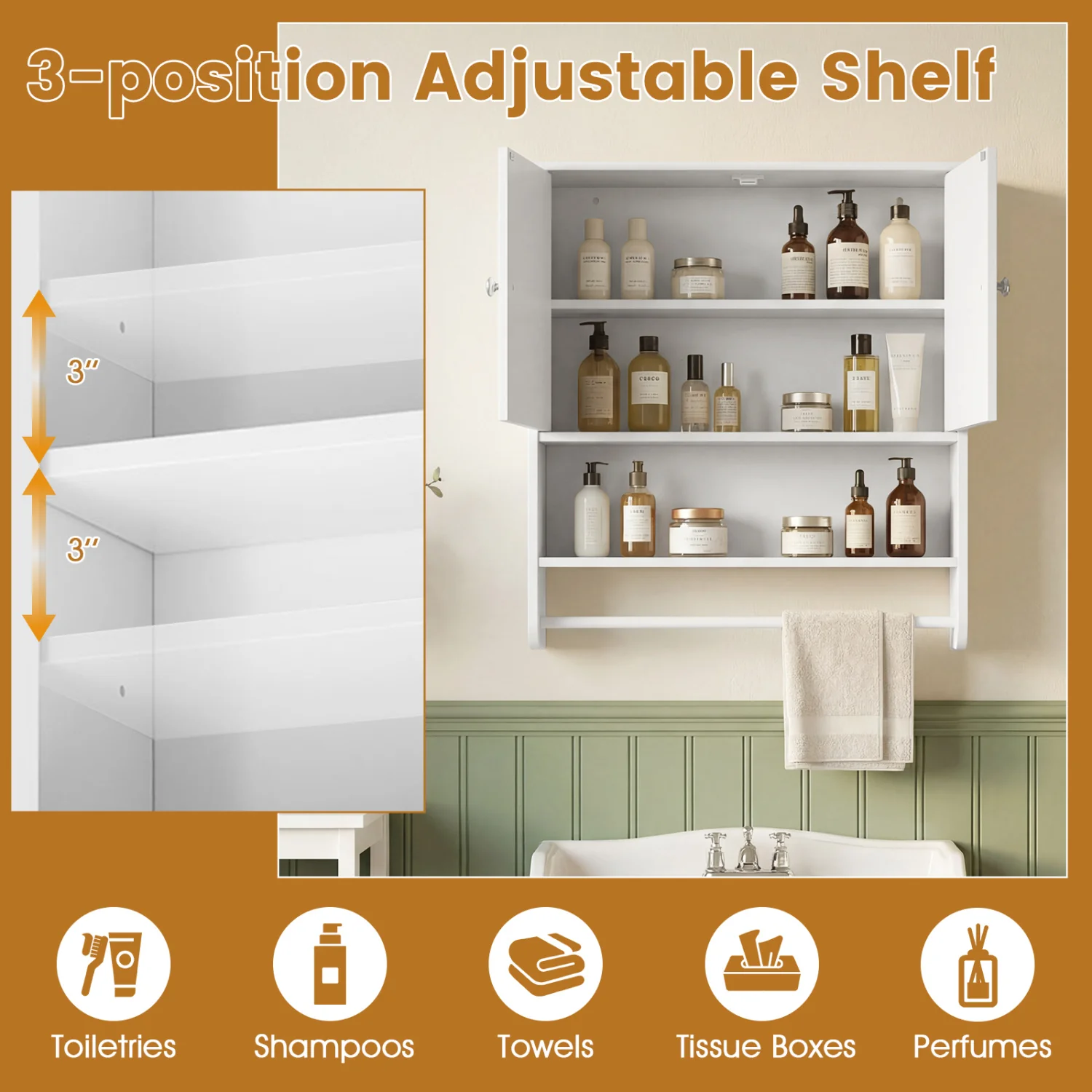 Bathroom Wall Cabinet With Towel Bar, Adjustable Shelf, White - Image 5