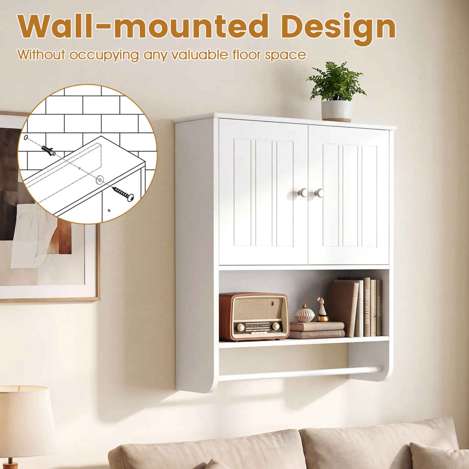 Bathroom Wall Cabinet With Towel Bar, Adjustable Shelf, White - Image 6