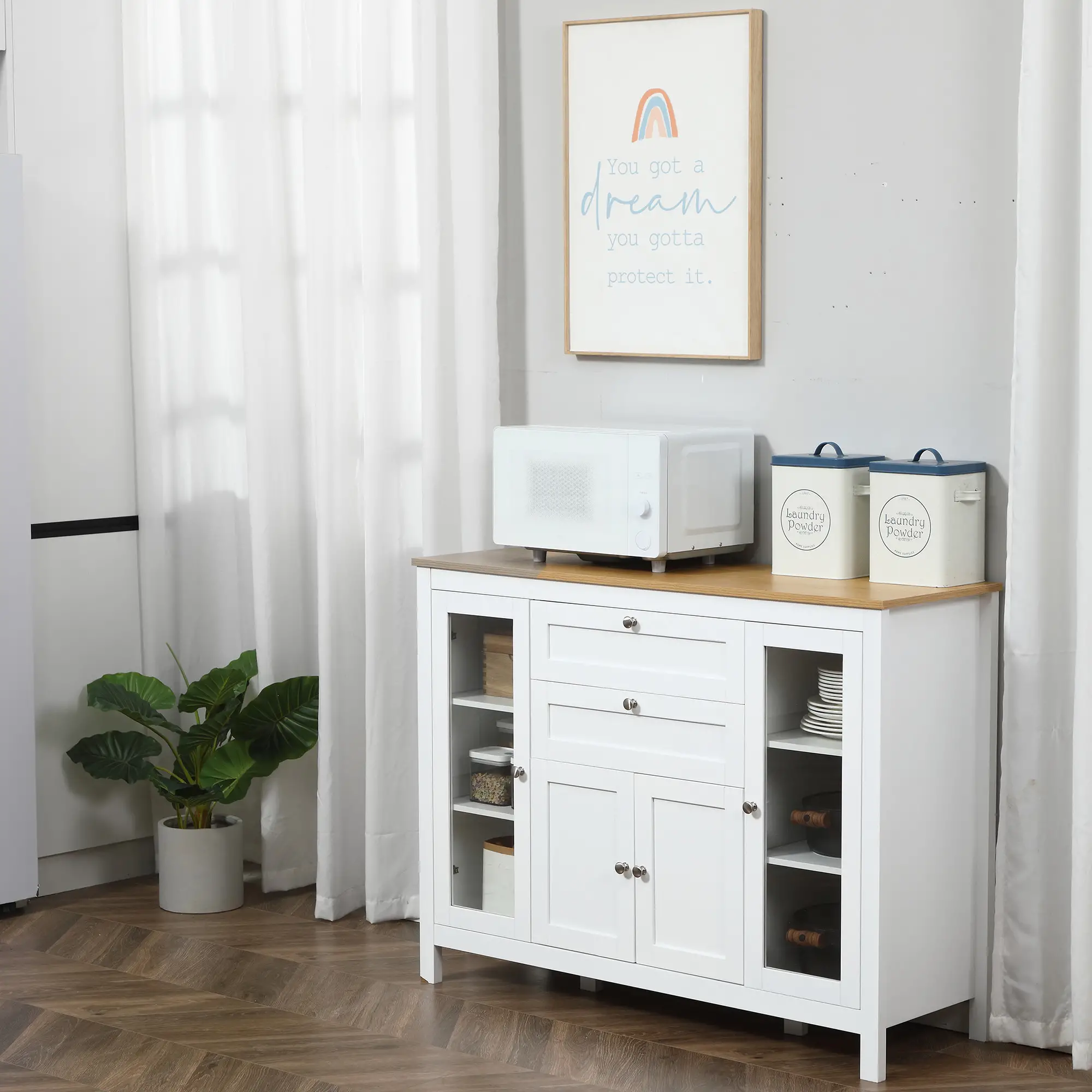 White Buffet Cabinet, 2 Drawers, 3 Cabinets, Glass Doors, Adjustable Shelves, White - Image 10