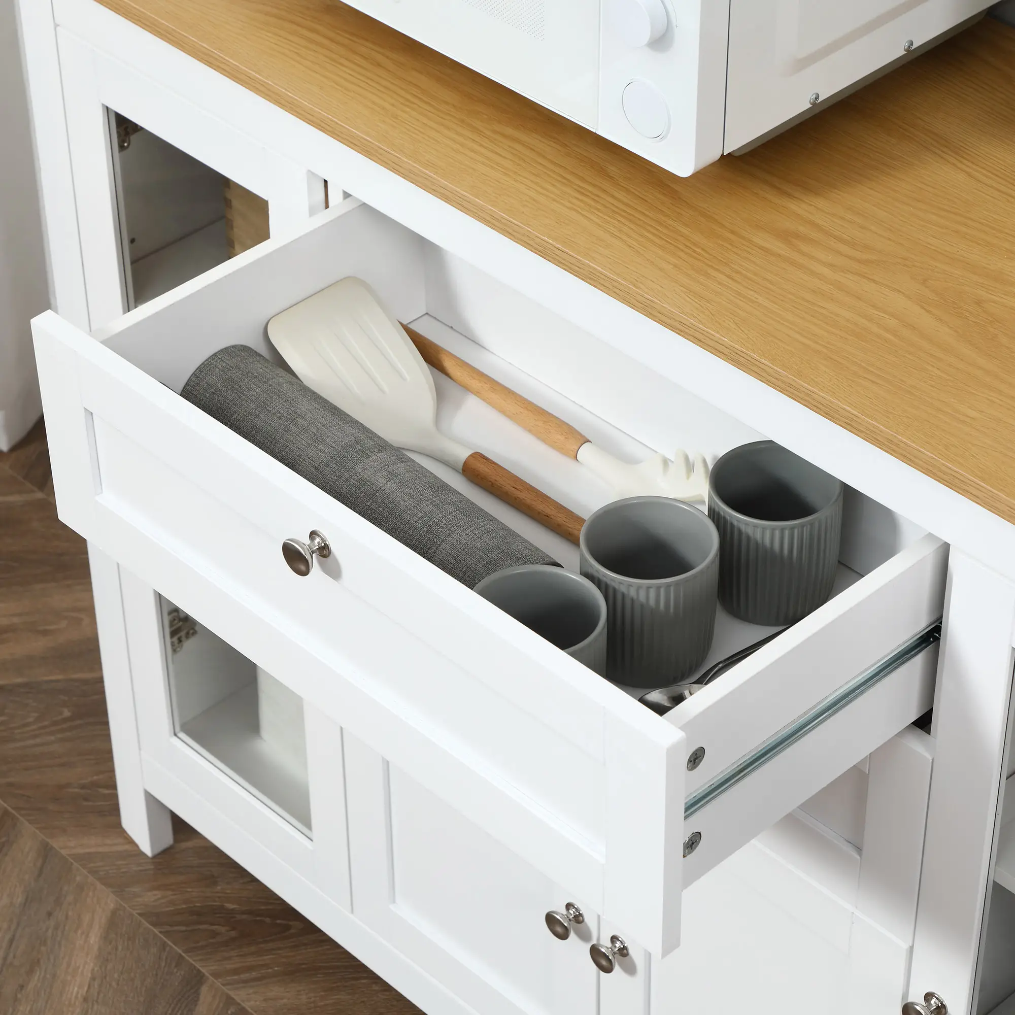 White Buffet Cabinet, 2 Drawers, 3 Cabinets, Glass Doors, Adjustable Shelves, White - Image 12