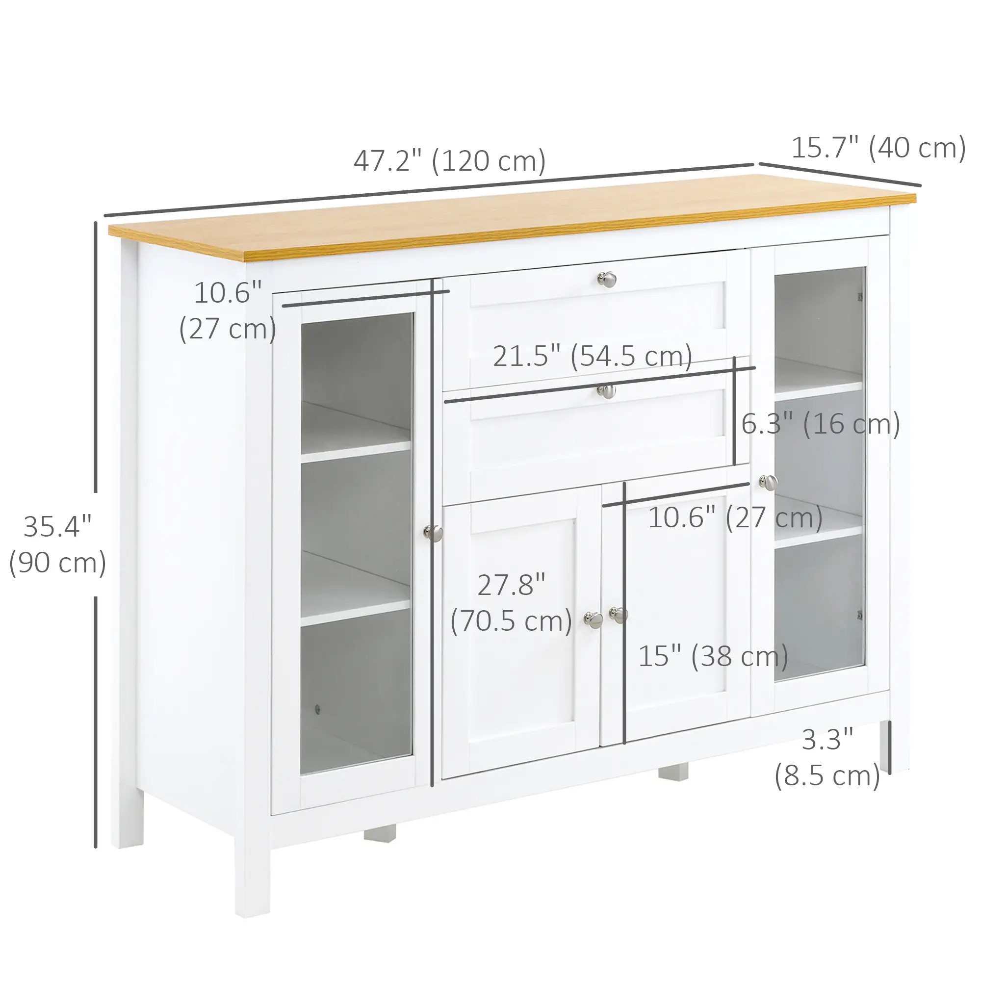White Buffet Cabinet, 2 Drawers, 3 Cabinets, Glass Doors, Adjustable Shelves, White - Image 3