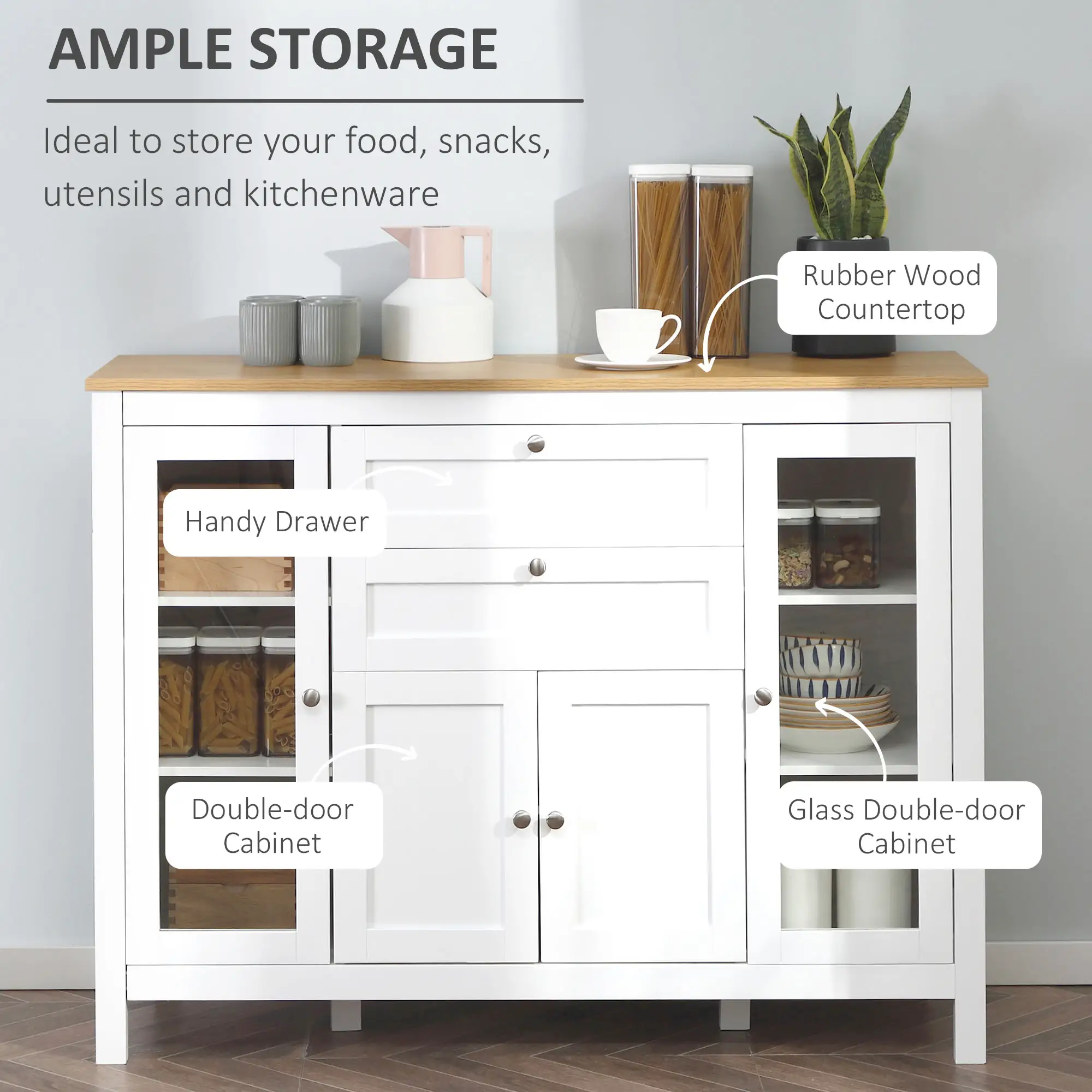 White Buffet Cabinet, 2 Drawers, 3 Cabinets, Glass Doors, Adjustable Shelves, White - Image 4
