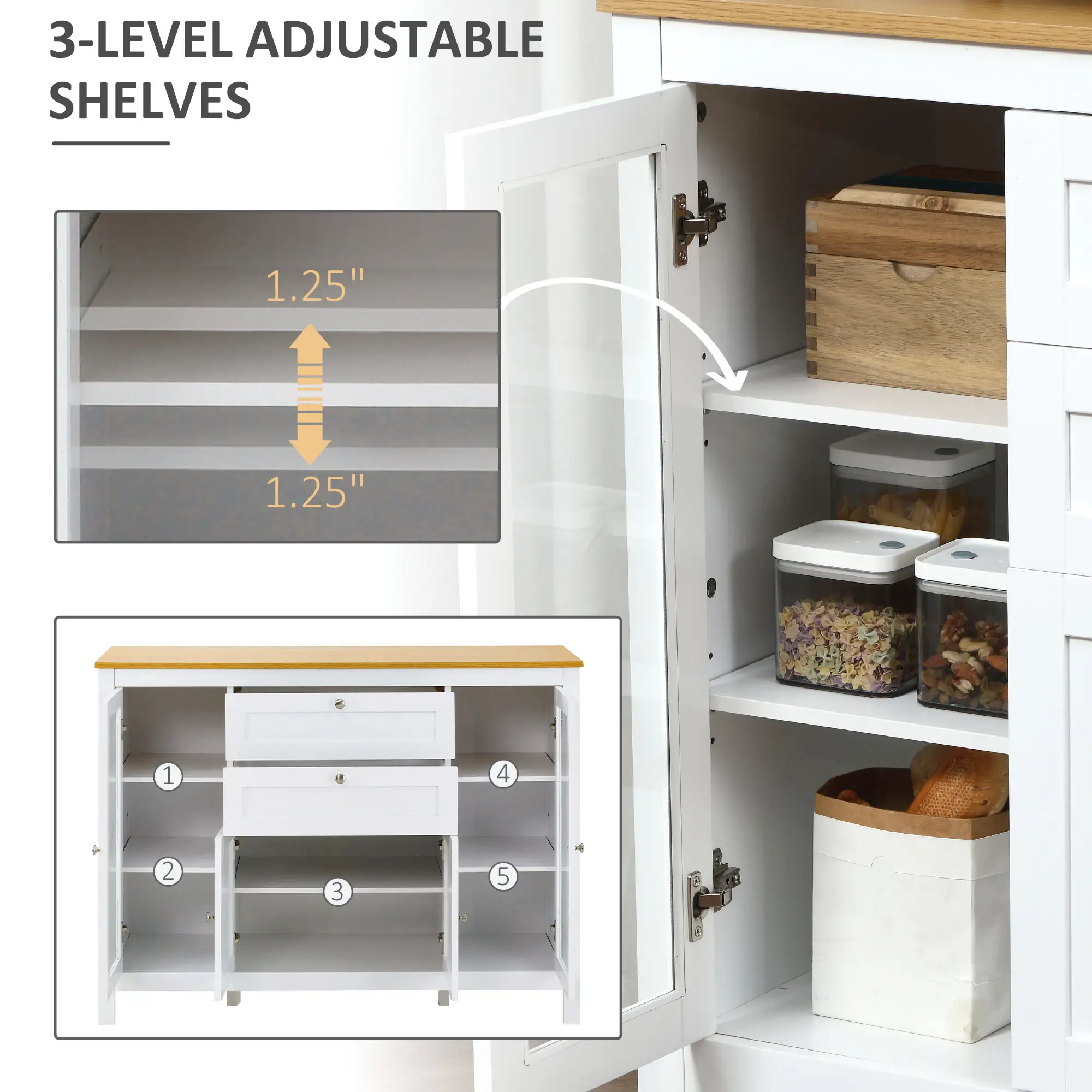 White Buffet Cabinet, 2 Drawers, 3 Cabinets, Glass Doors, Adjustable Shelves, White - Image 5
