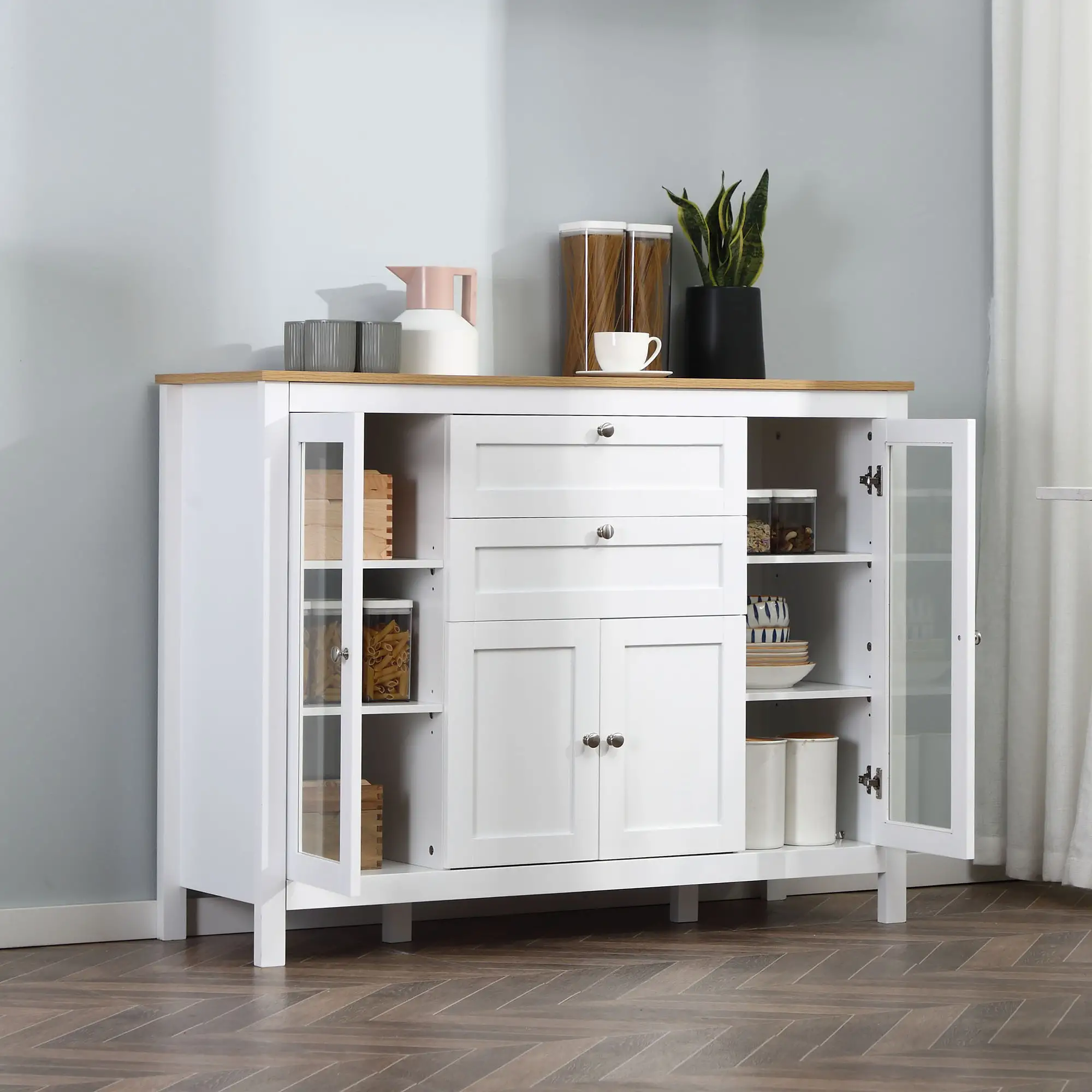 White Buffet Cabinet, 2 Drawers, 3 Cabinets, Glass Doors, Adjustable Shelves, White - Image 8