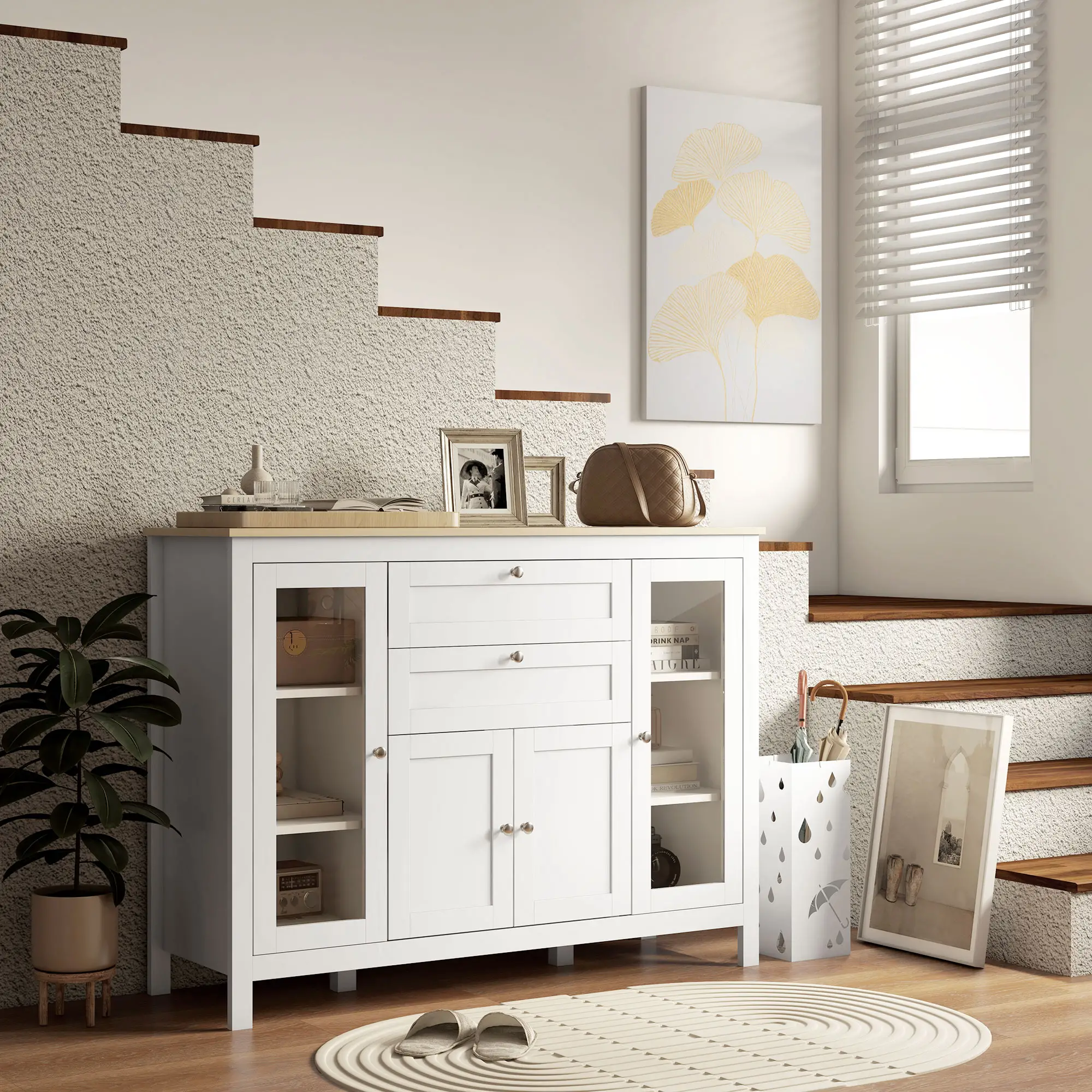 White Buffet Cabinet, 2 Drawers, 3 Cabinets, Glass Doors, Adjustable Shelves, White - Image 9