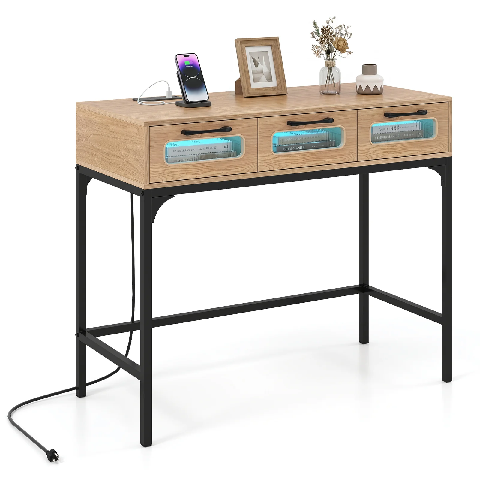 Console Table With LED Lighting, Charging Station, White