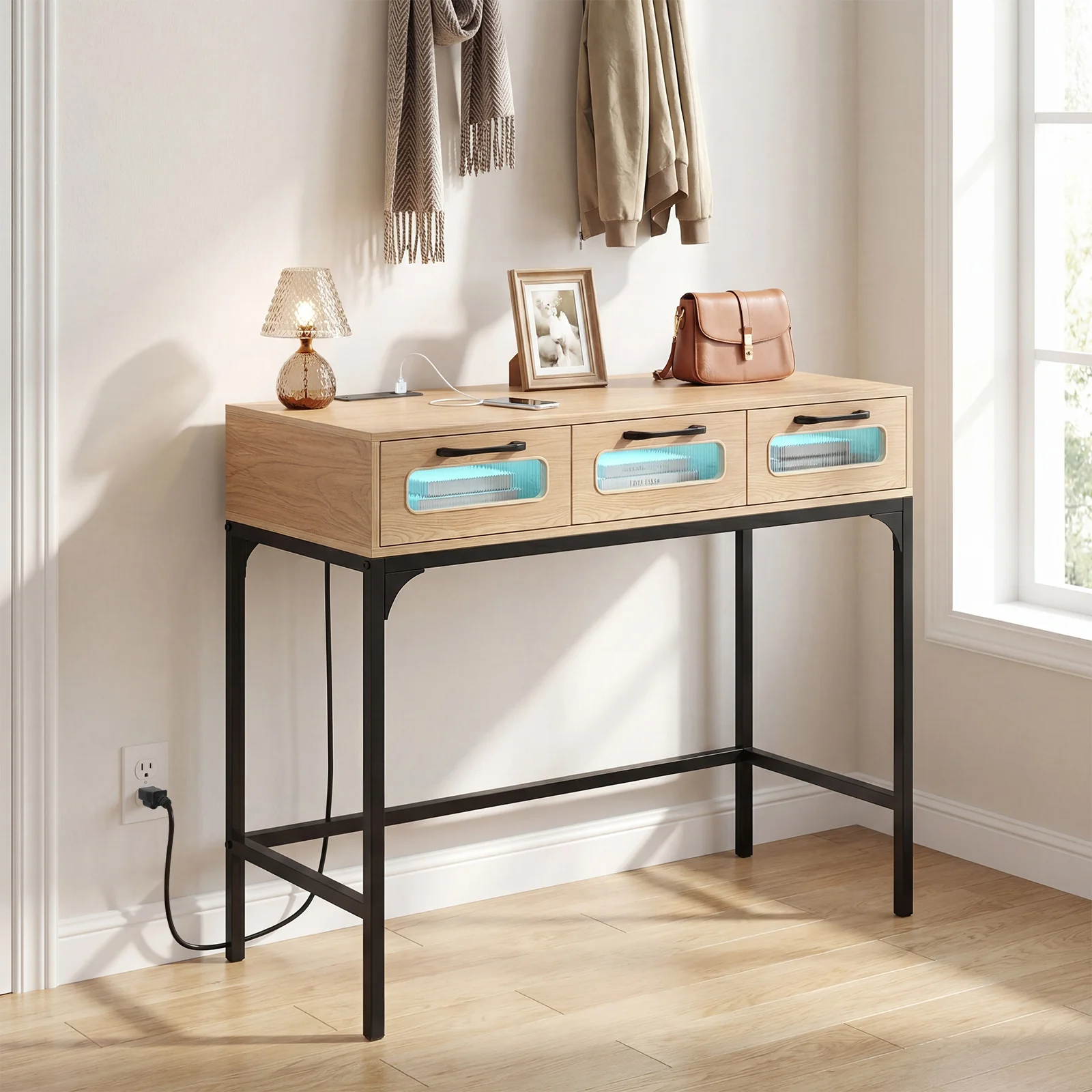 Console Table With LED Lighting, Charging Station, White - Image 3
